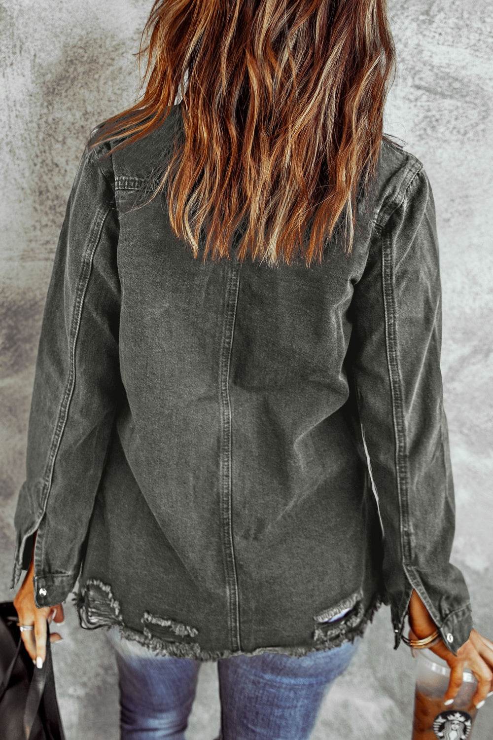 Distressed Raw Hem Snap Down Denim Jacket - UnLaced Boutique