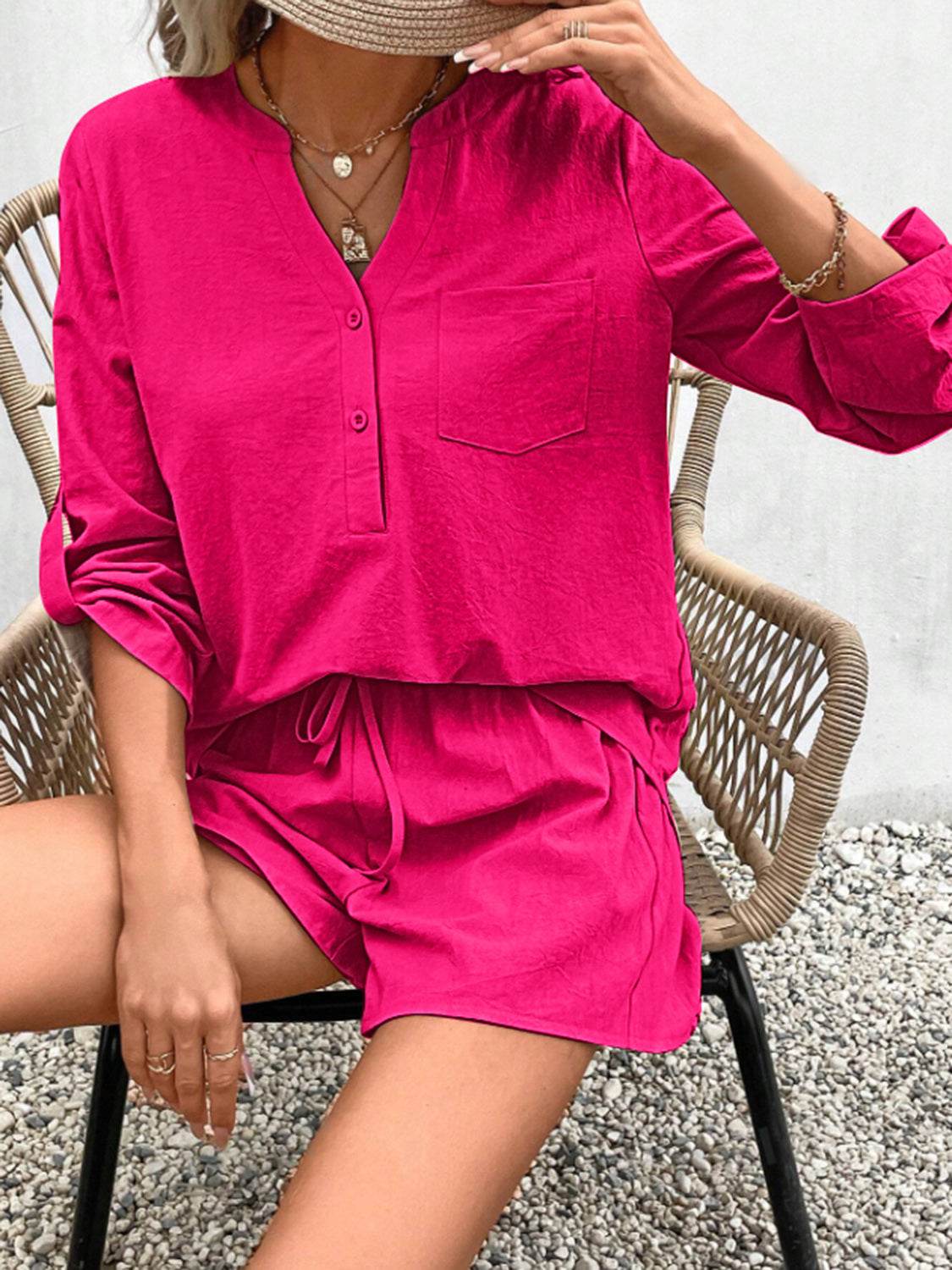 Notched Long Sleeve Top and Shorts Set - UnLaced Boutique