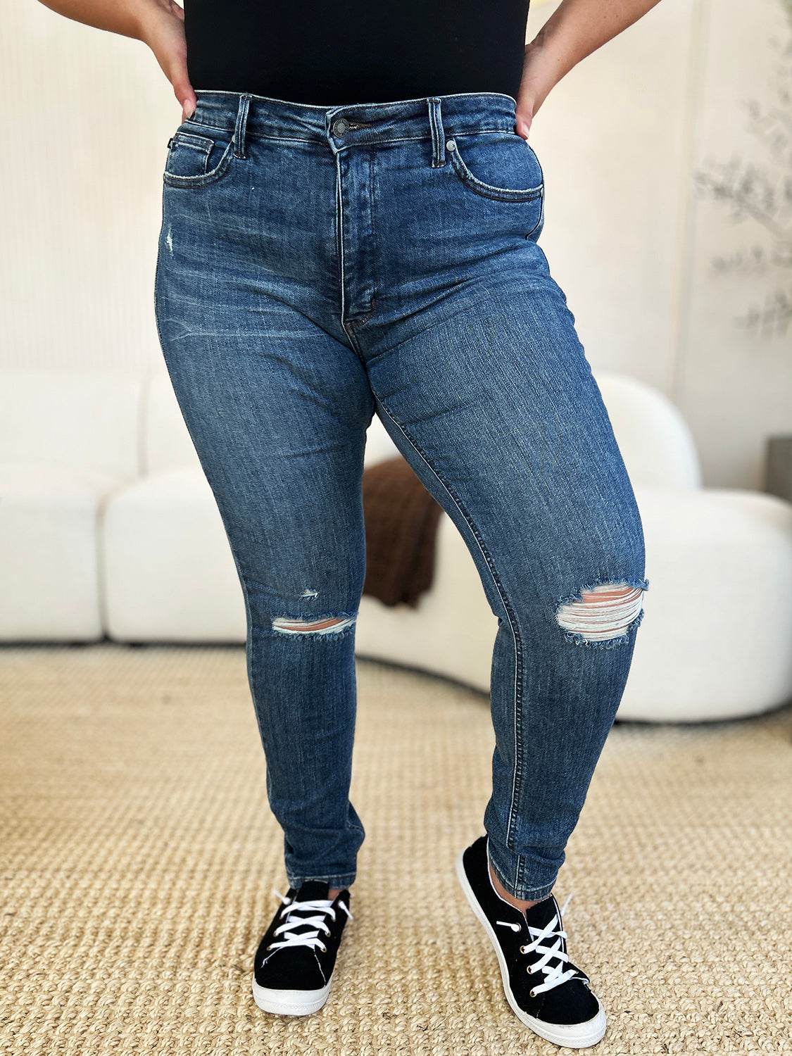 Judy Blue Full Size Mid Waist Distressed Slim Jeans - UnLaced Boutique