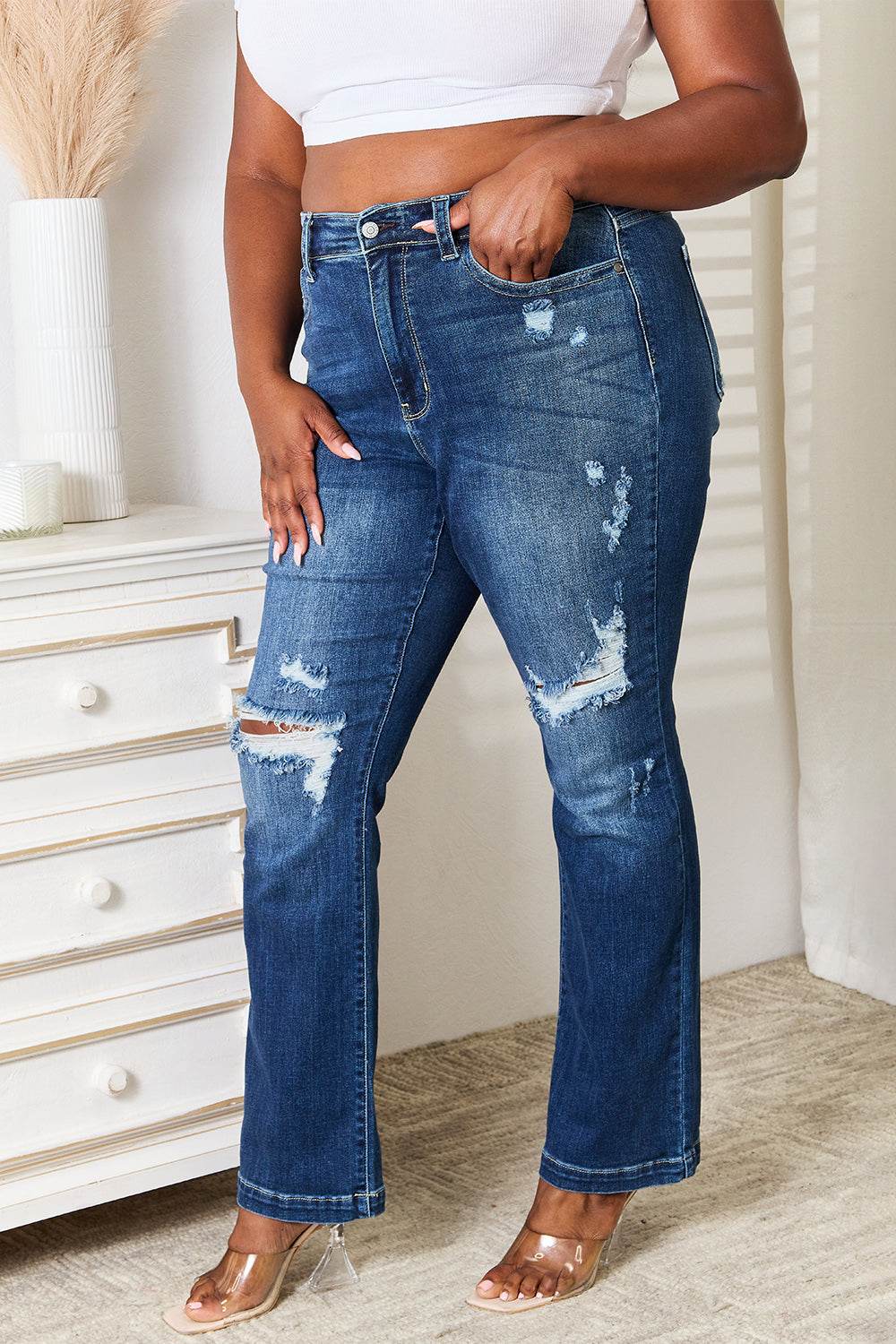 Judy Blue Full Size Mid Rise Hand Sand & Destroy Bootcut Jeans - UnLaced Boutique