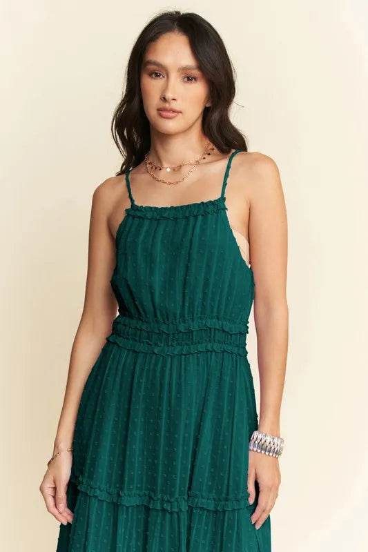 Davi & Dani Texture Swiss Dot Ruffle Square Neck Midi Dress - UnLaced Boutique