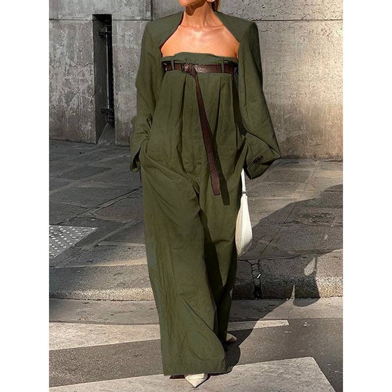 Collarless Top + Wide Leg Jumpsuit Set