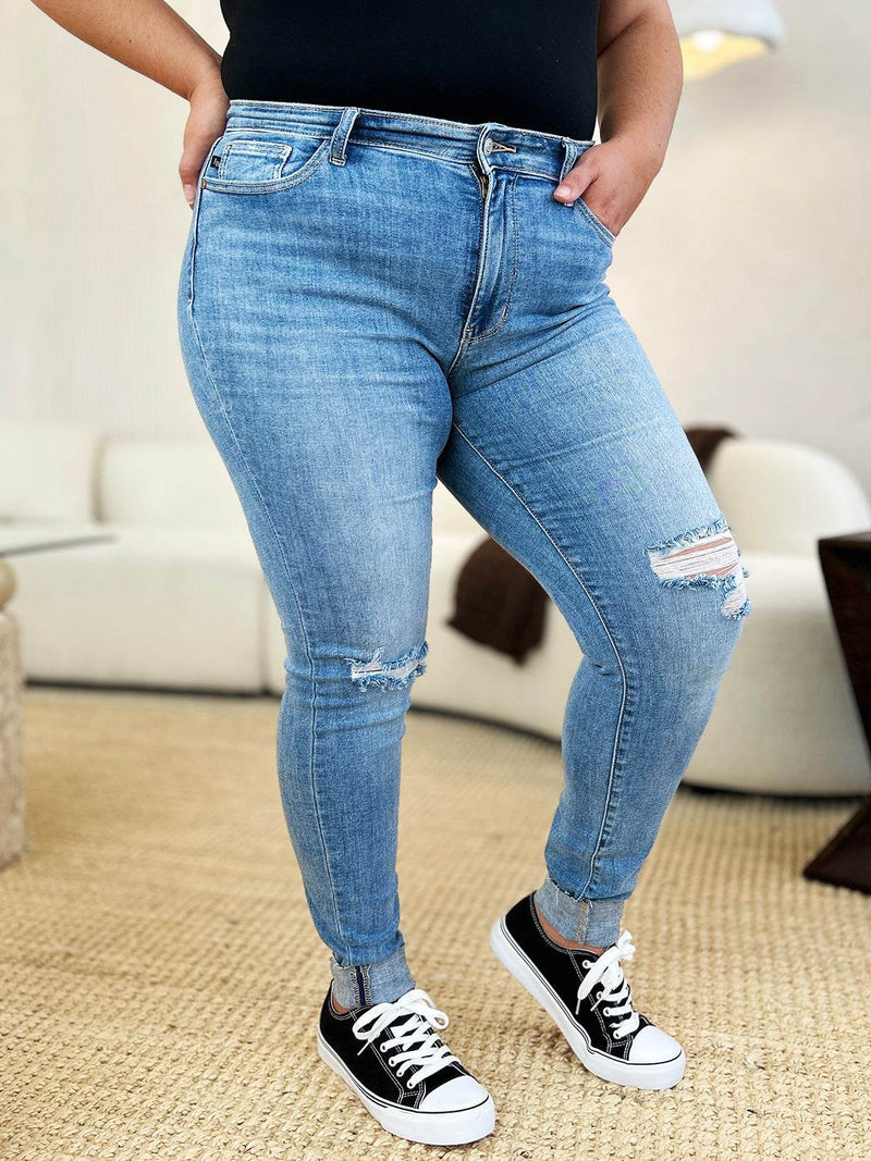 Judy Blue Full Size Mid Rise Destroy & Cuff Skinny Jeans - UnLaced Boutique