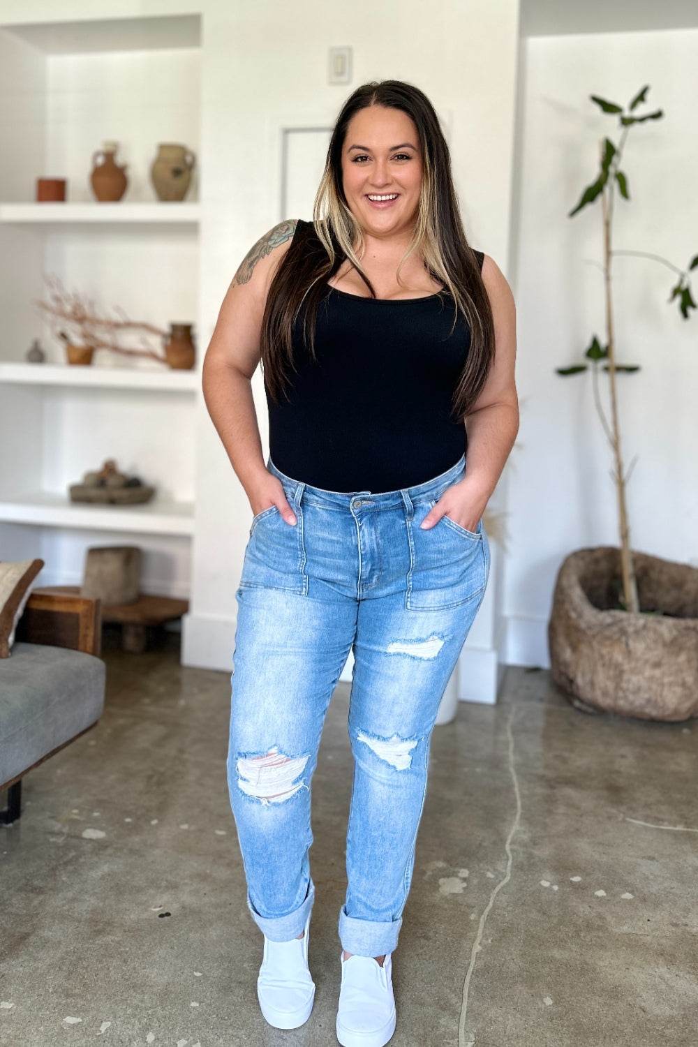 Judy Blue Full Size Distressed Straight Jeans with Patch Pockets - UnLaced Boutique