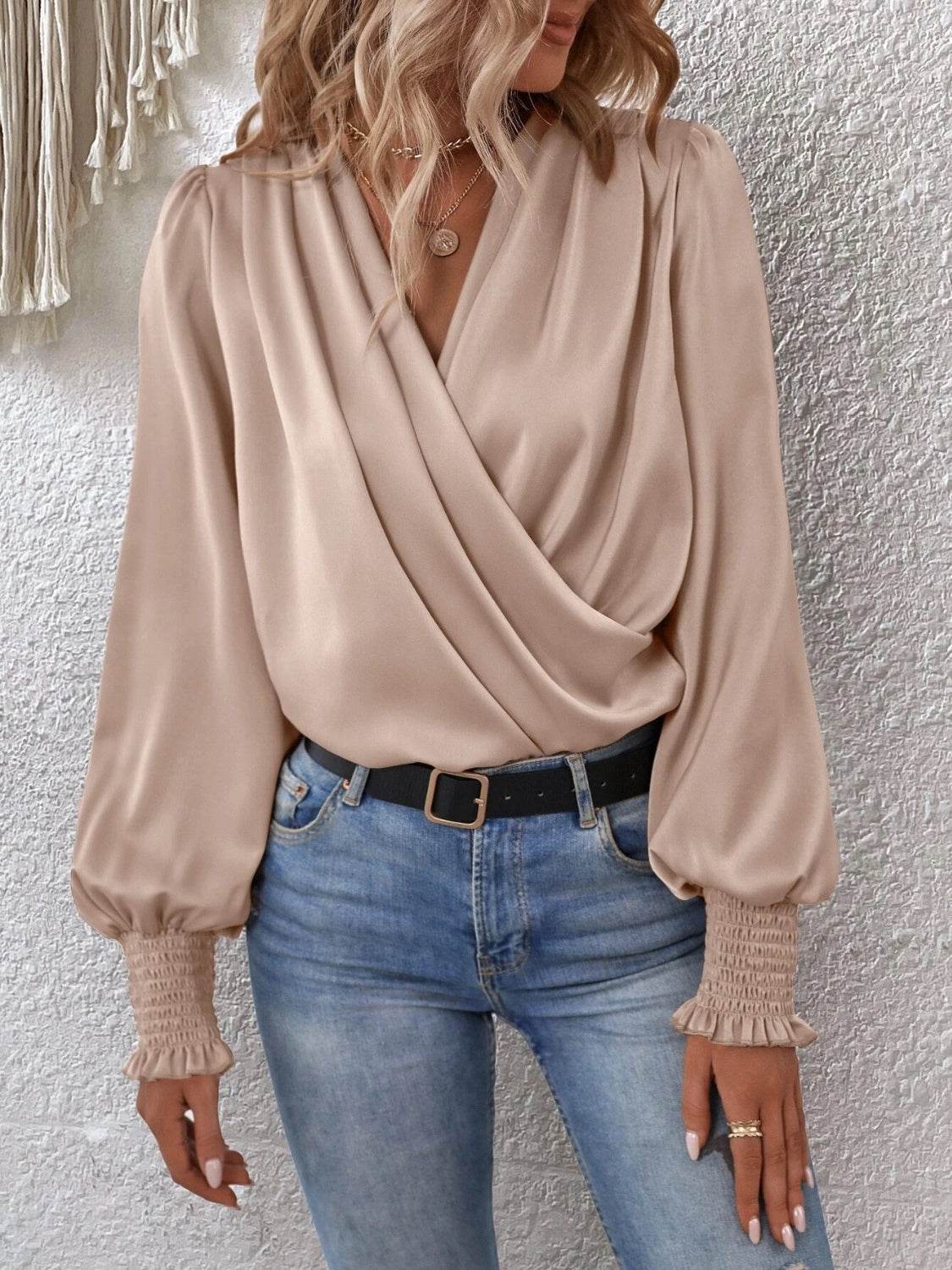 Surplice Smocked Lantern Sleeve Blouse - UnLaced Boutique
