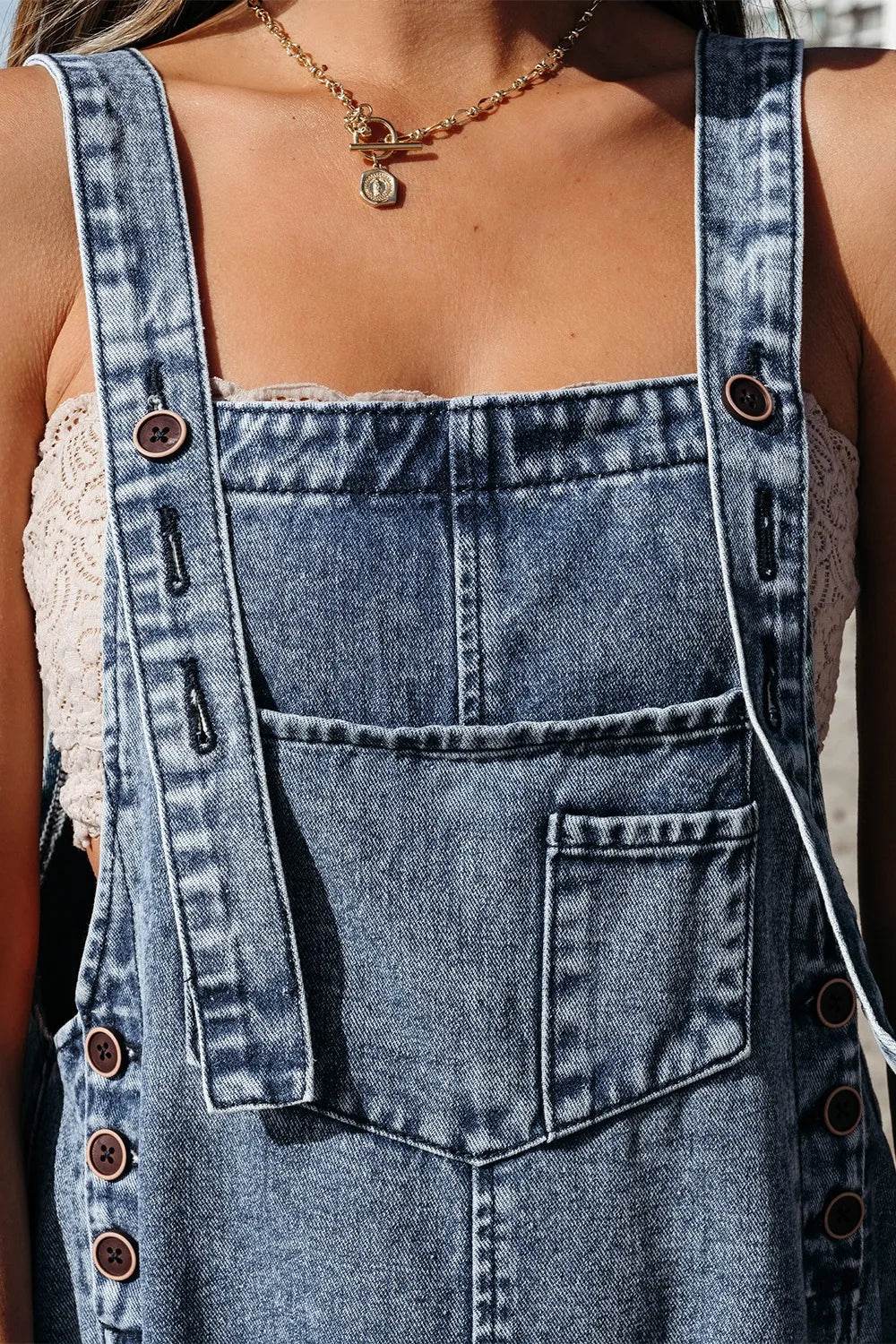 Distressed Bib Pocket Wide Leg Denim Overalls - UnLaced Boutique
