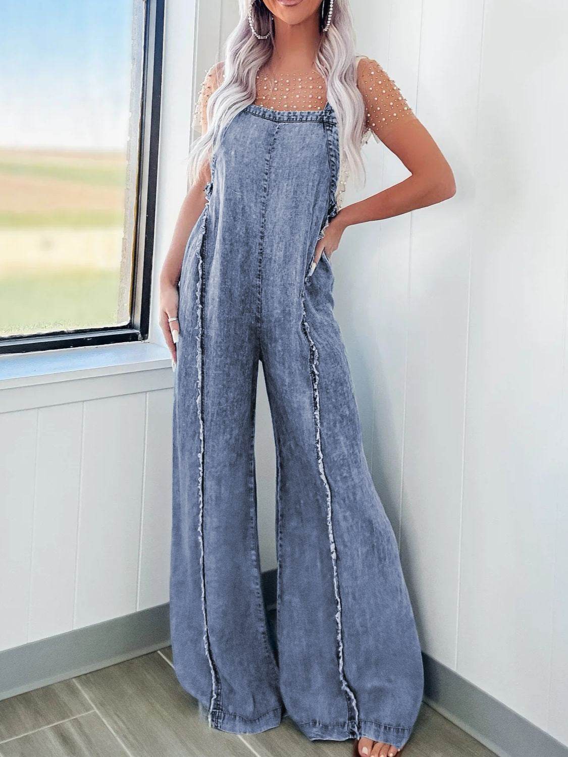 Exposed Seam Washed Wide Leg Denim Overalls - UnLaced Boutique