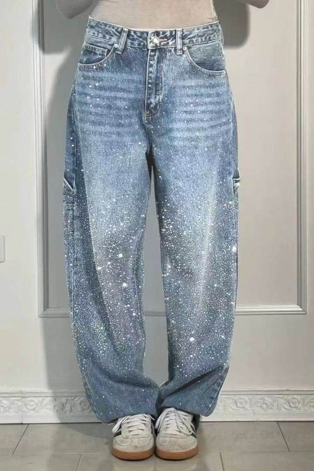 Full Size Washed Rhinestone Detail Wide leg Jeans Plus Size - UnLaced Boutique