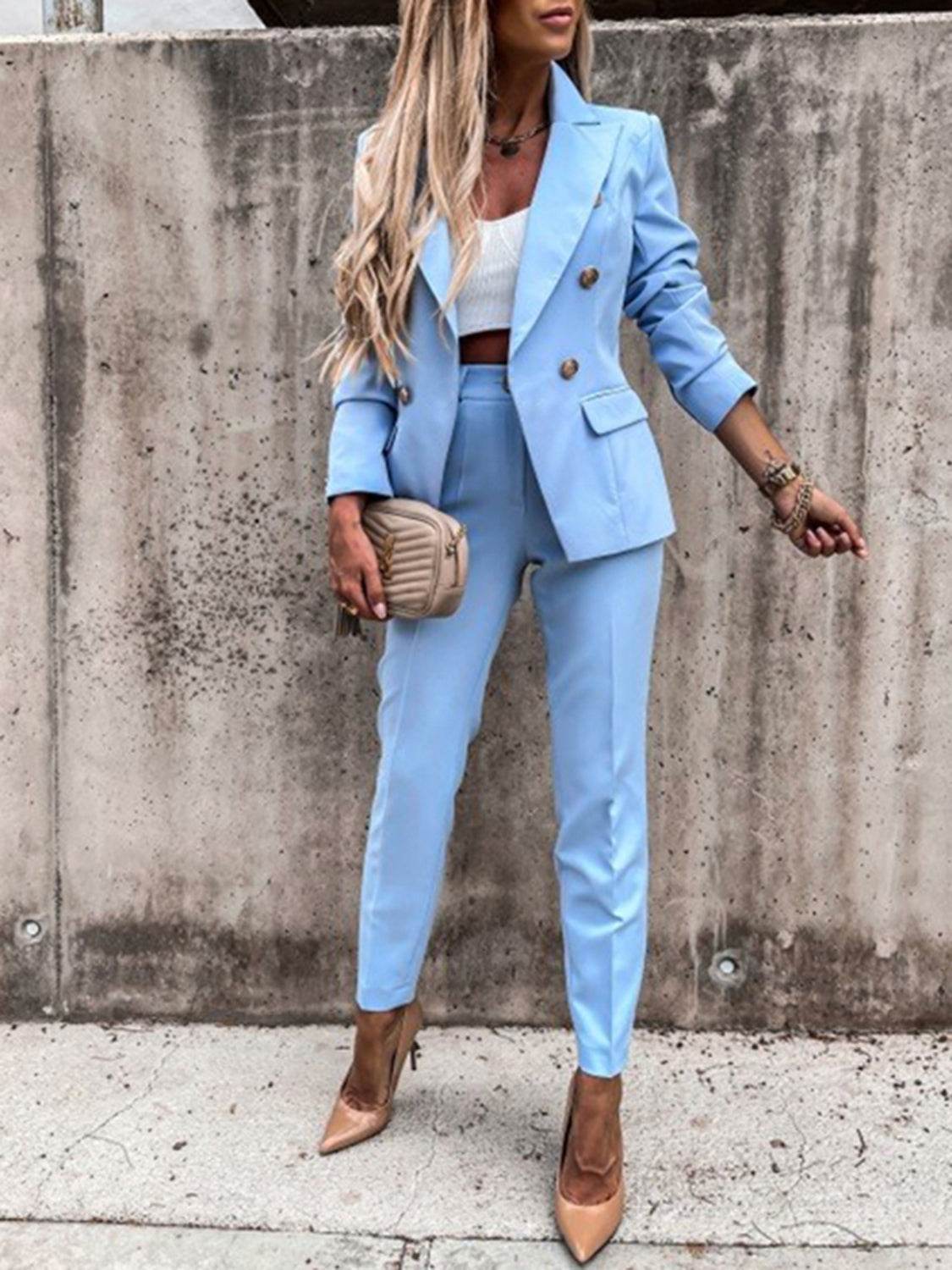 Lapel Collar Long Sleeve Blazer and Pants Set - UnLaced Boutique