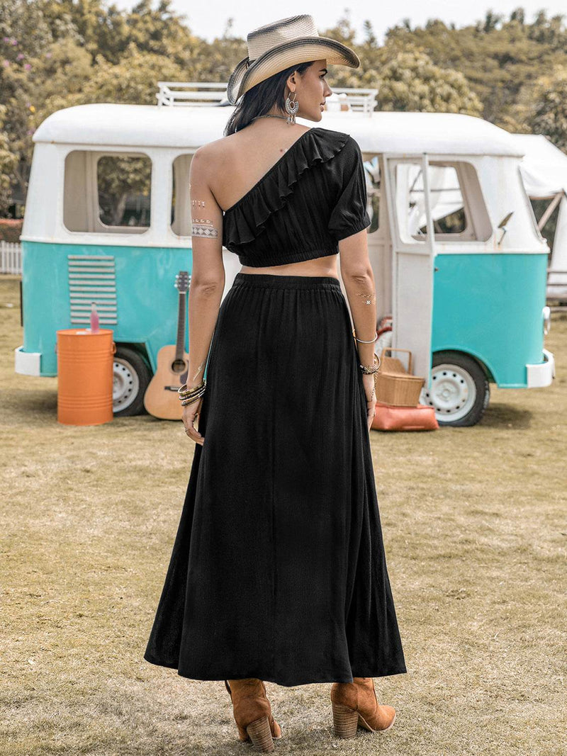 Ruffled Single Shoulder Top and Slit Skirt Set - UnLaced Boutique