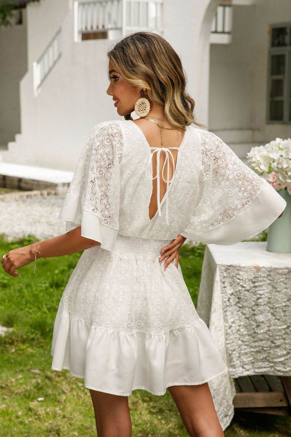 Lace Cutout Surplice Half Sleeve Dress - UnLaced Boutique