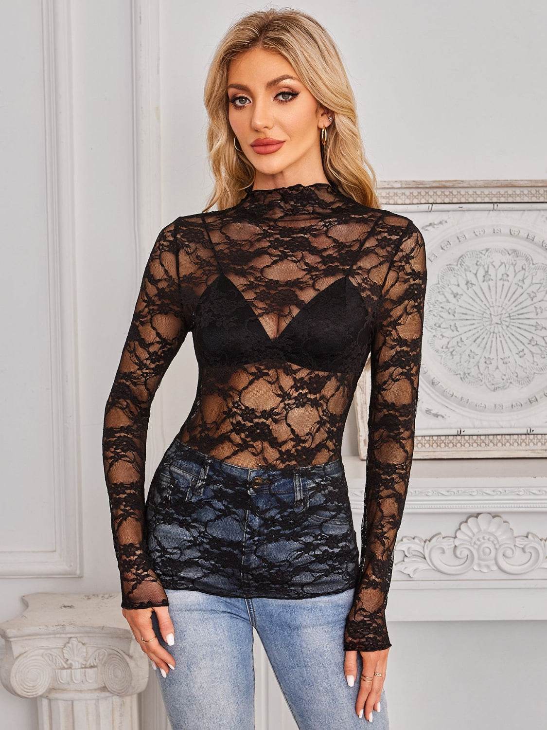 Mock Neck Long Sleeve Lace Sheer Top - UnLaced Boutique