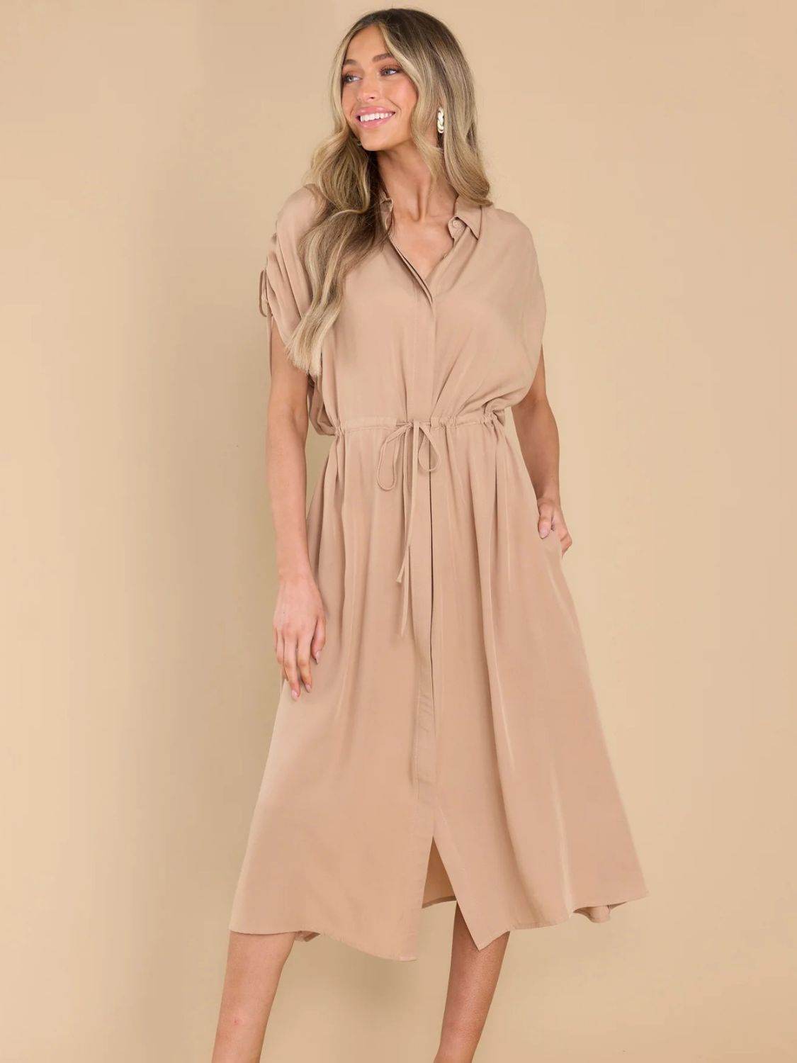 Drawstring Collared Neck Short Sleeve Midi Dress - UnLaced Boutique