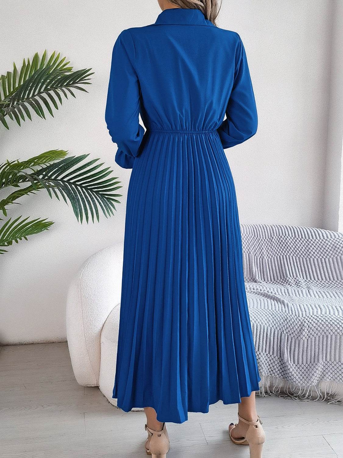 Pleated Half Button Long Sleeve Midi Dress - UnLaced Boutique