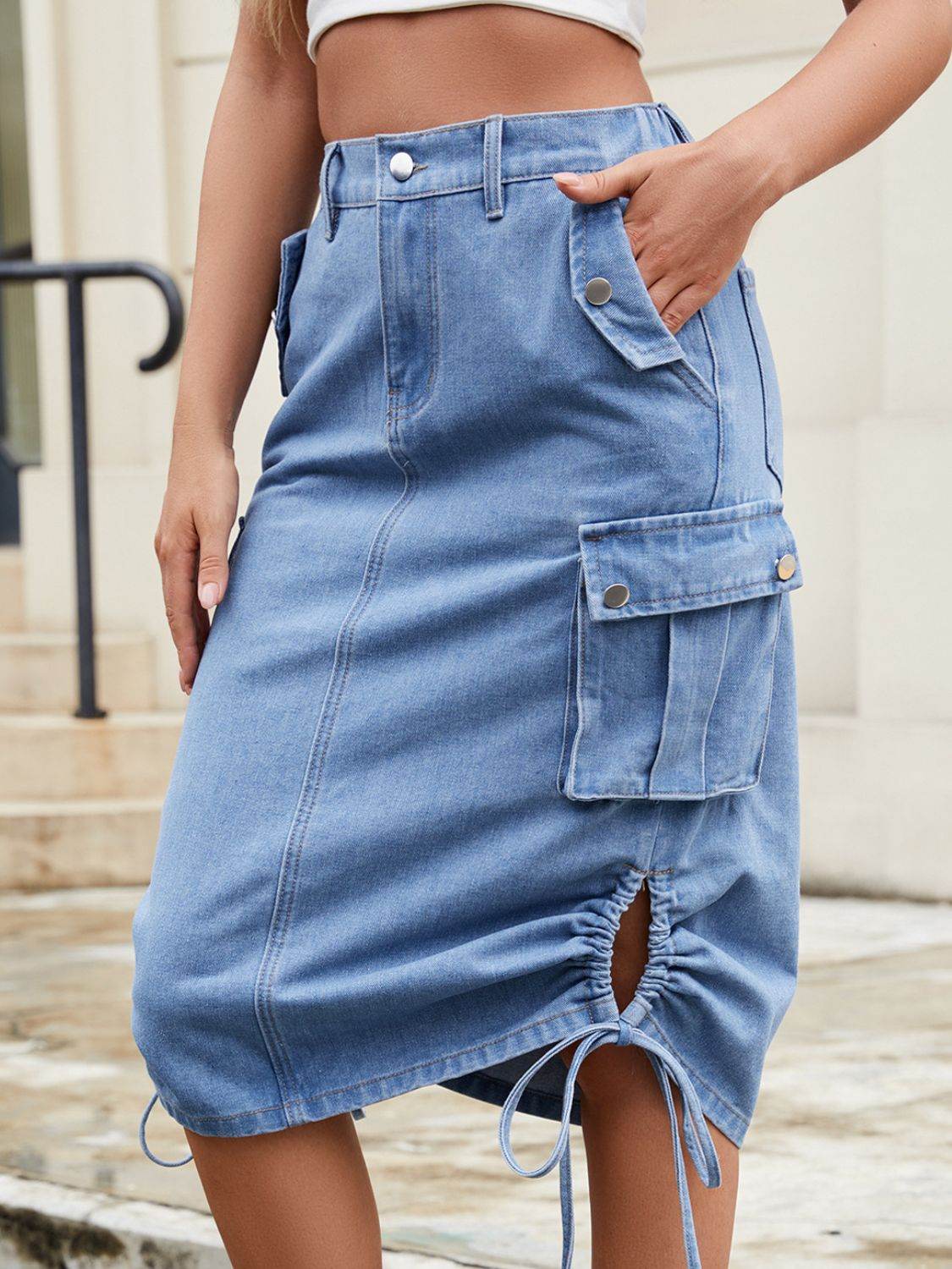 Drawstring Denim Skirt with Cargo Pockets - UnLaced Boutique