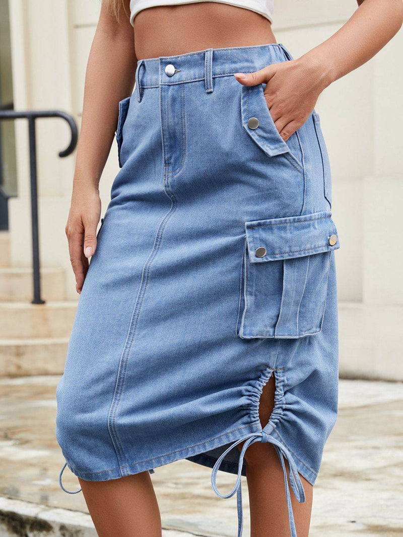 Drawstring Denim Skirt with Cargo Pockets - UnLaced Boutique