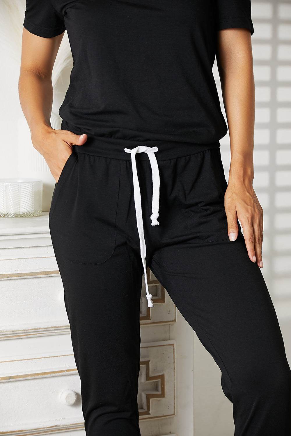 Double Take Asymmetrical Neck Tied Jumpsuit with Pockets - UnLaced Boutique