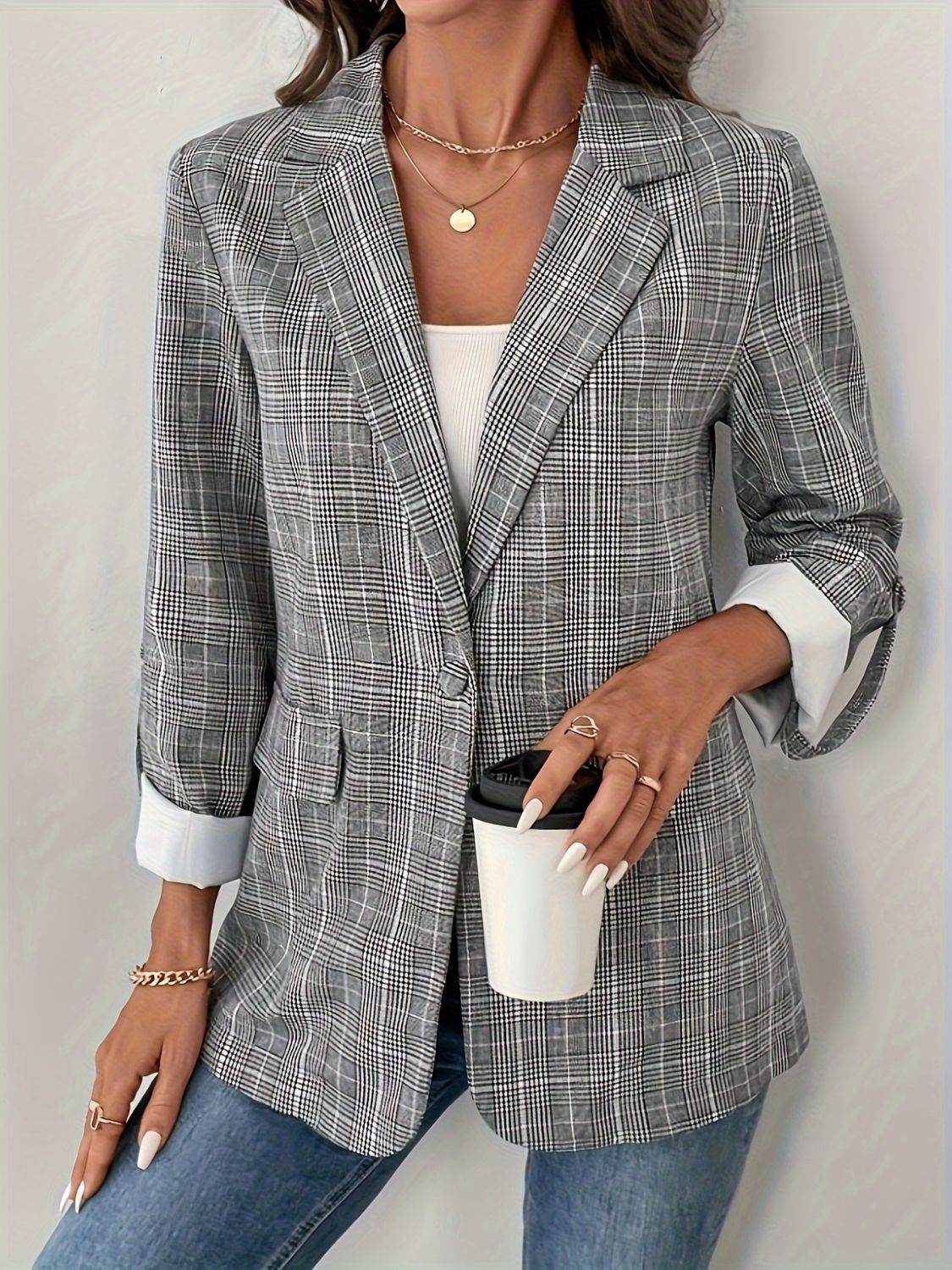 Single-Breasted Lapel Collar Plaid Blazer - UnLaced Boutique