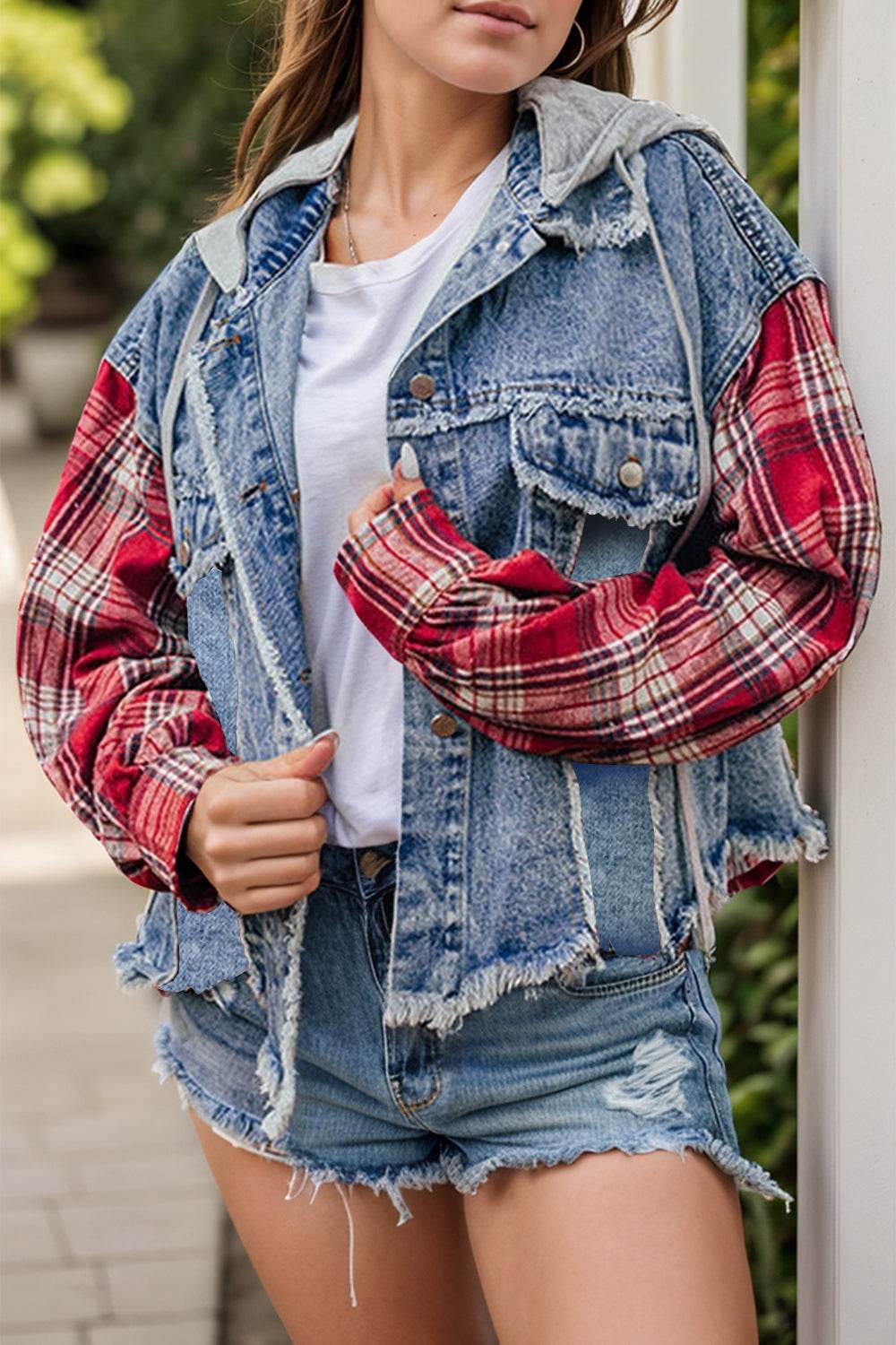 Raw Hem Drawstring Plaid Denim Jacket - UnLaced Boutique