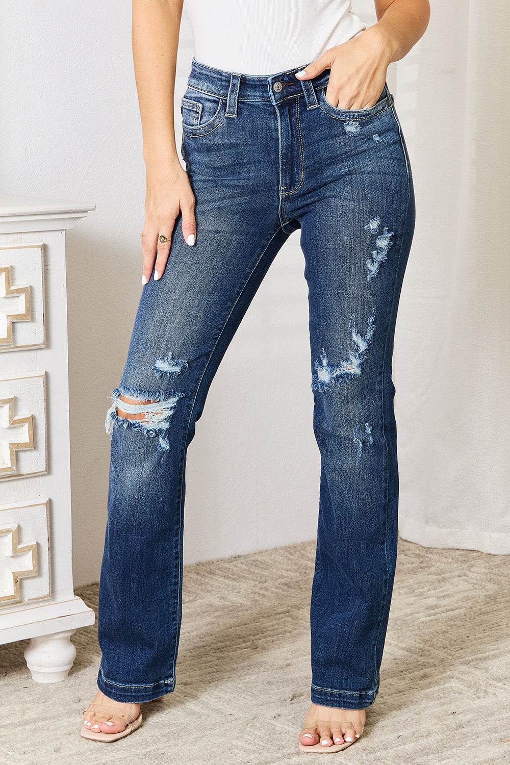 Judy Blue Full Size Mid Rise Hand Sand & Destroy Bootcut Jeans - UnLaced Boutique