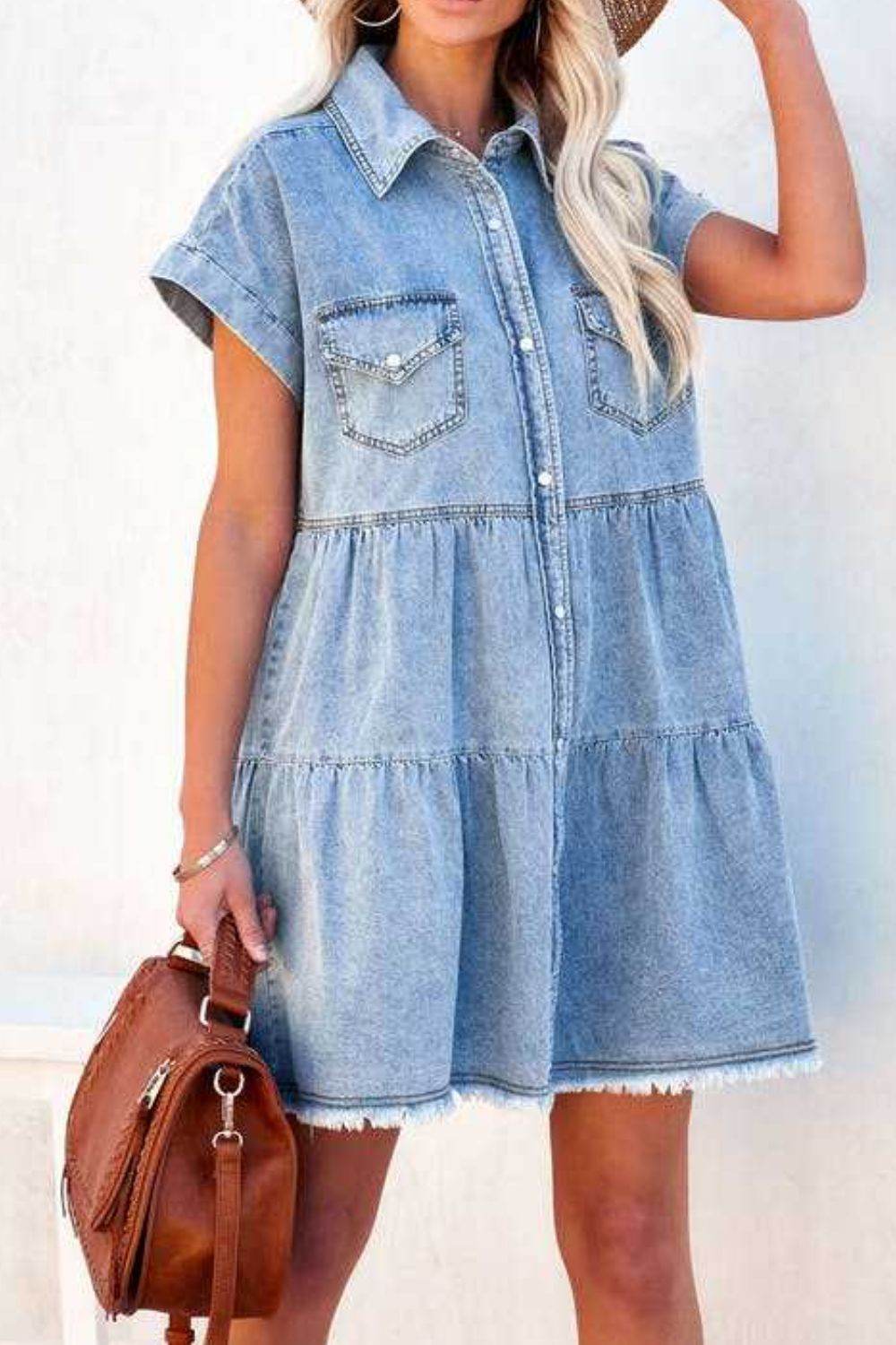 Raw Hem Button Down Denim Mini Dress - UnLaced Boutique