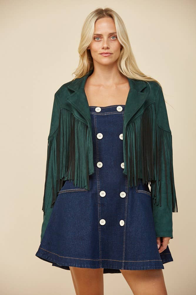 BOHO FRINGED FAUX SUEDE JACKET -  HUNTER GREEN