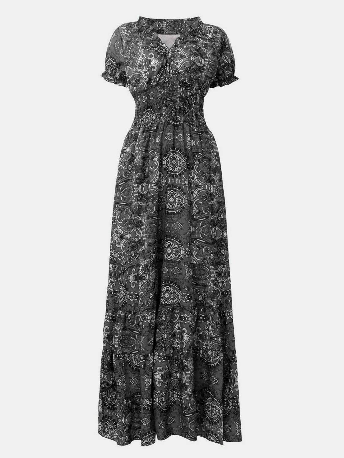 Full Size Smocked Printed V-Neck Short Sleeve Dress - UnLaced Boutique