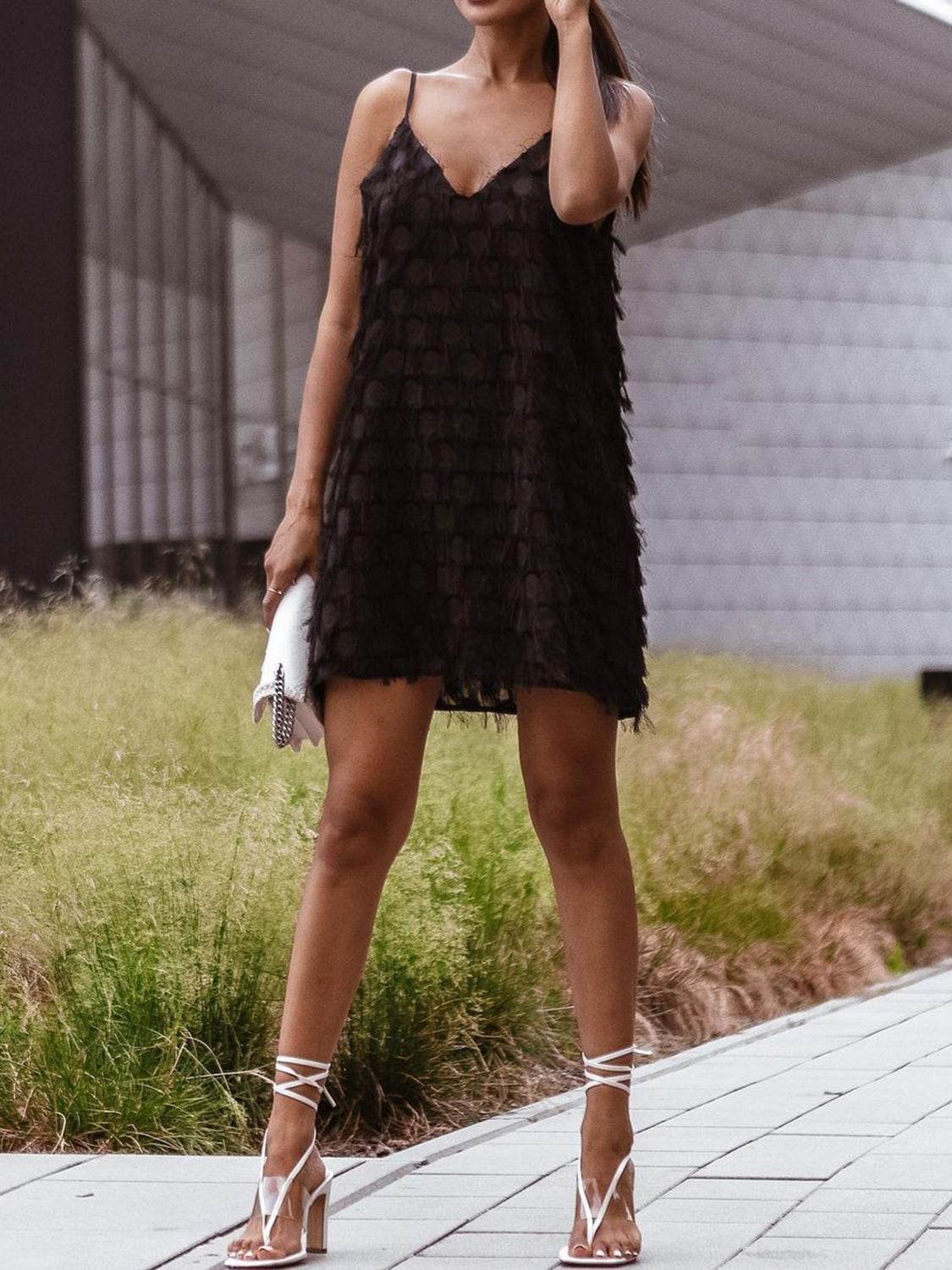 Fringe V-Neck Mini Cami Dress - UnLaced Boutique