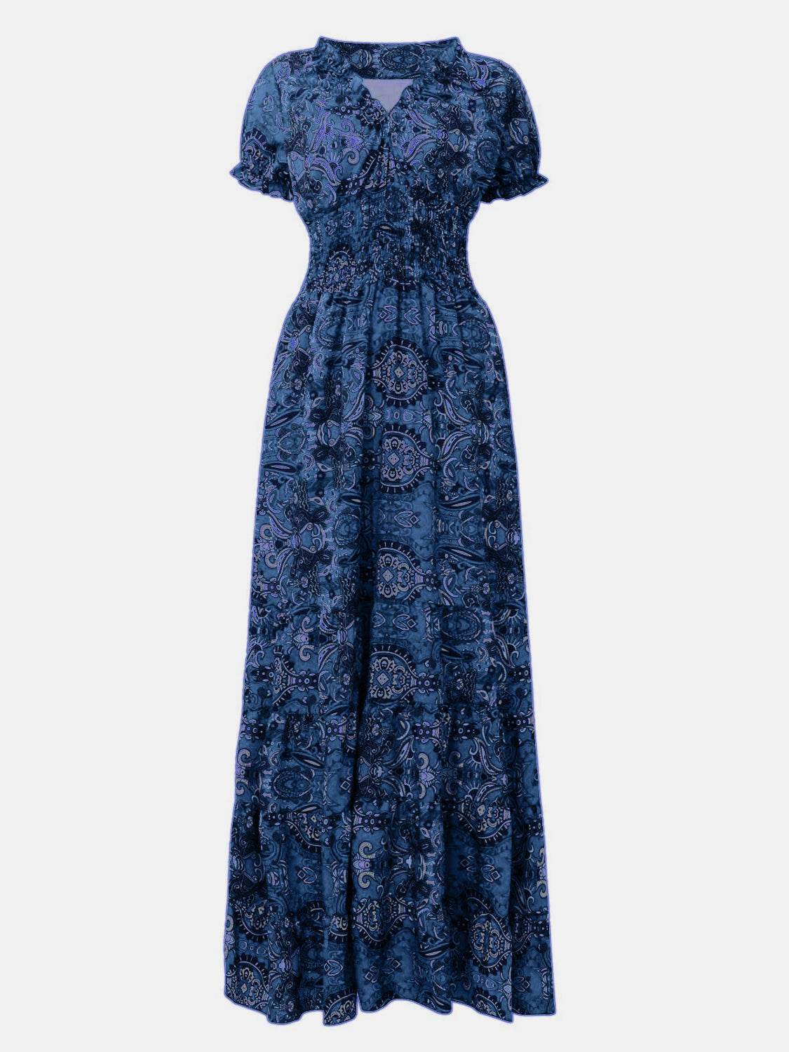 Full Size Smocked Printed V-Neck Short Sleeve Dress - UnLaced Boutique
