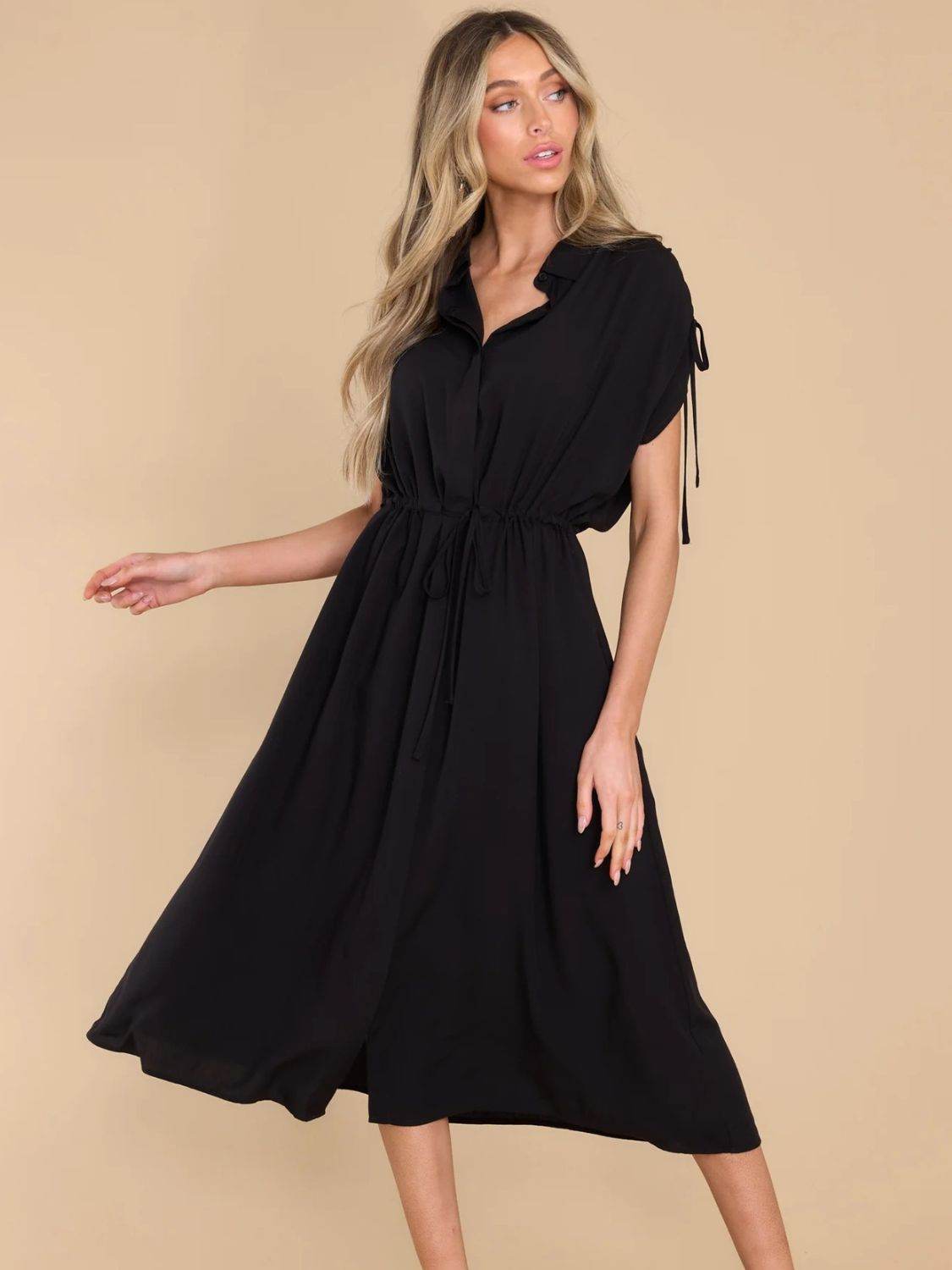 Drawstring Collared Neck Short Sleeve Midi Dress - UnLaced Boutique
