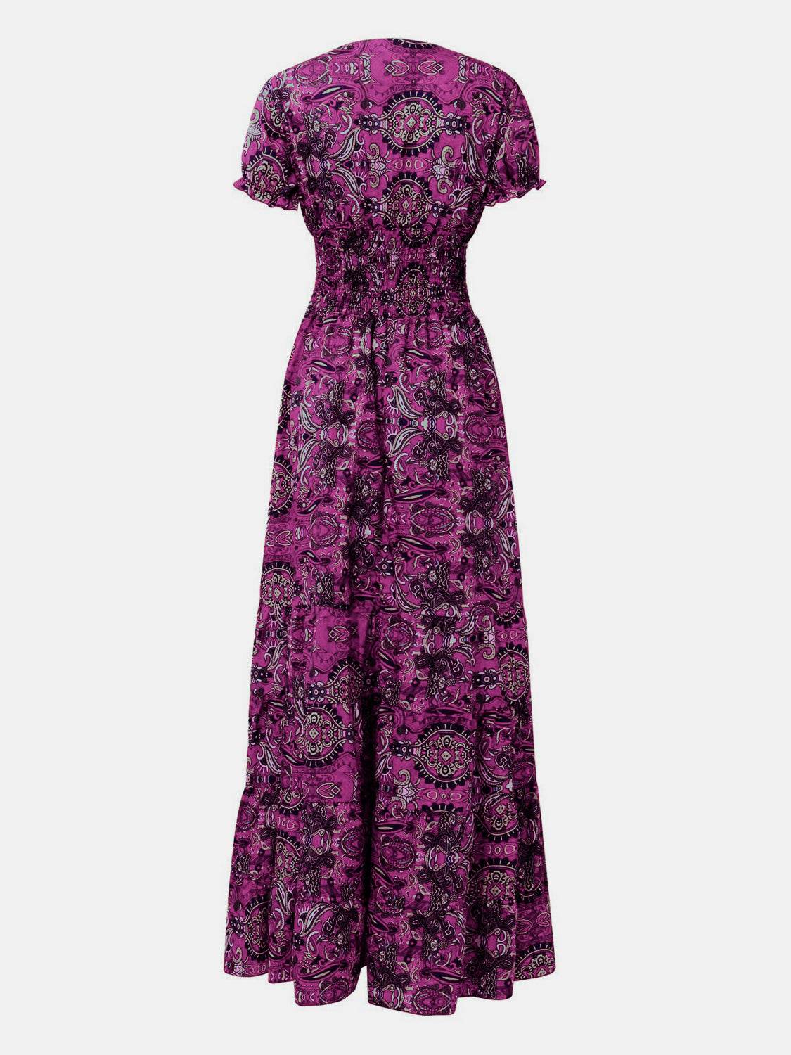 Full Size Smocked Printed V-Neck Short Sleeve Dress - UnLaced Boutique