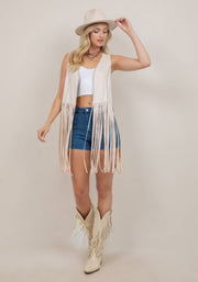 DARK CREAM STUDDED LONG FRINGE FAUX SUEDE VEST - UnLaced Boutique