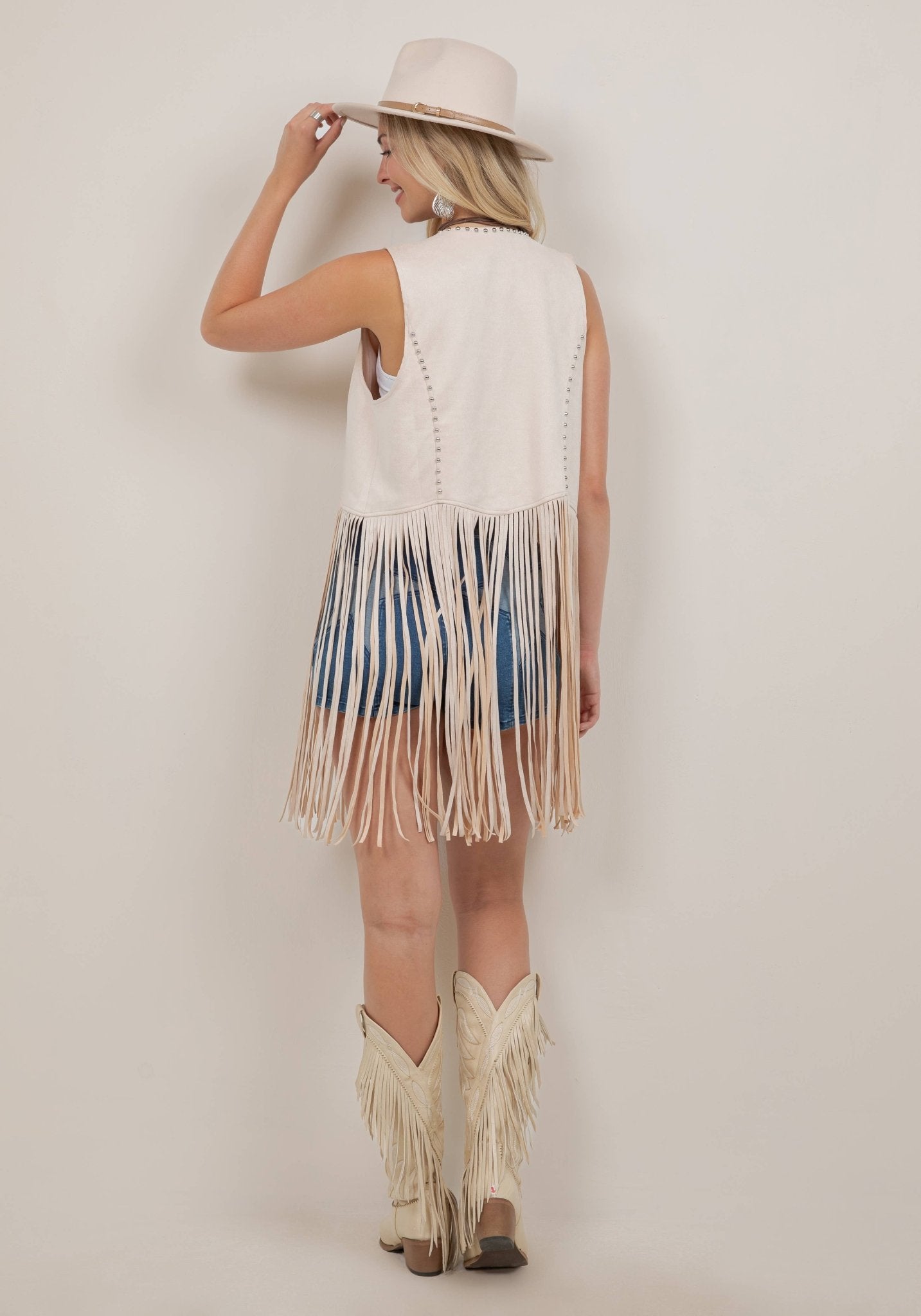 DARK CREAM STUDDED LONG FRINGE FAUX SUEDE VEST - UnLaced Boutique