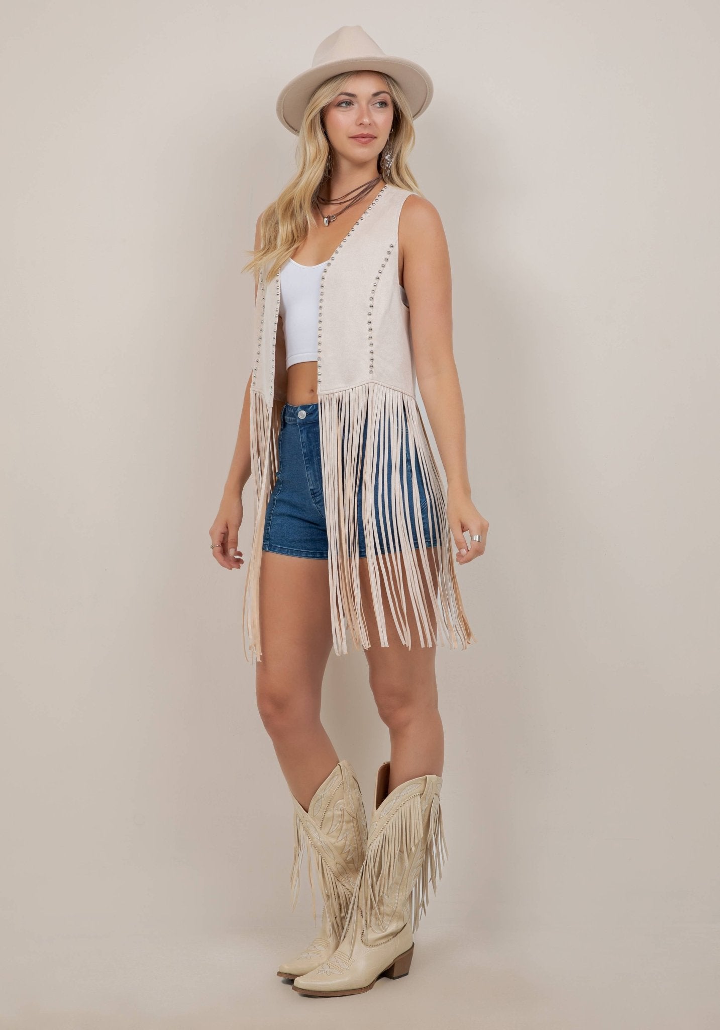 DARK CREAM STUDDED LONG FRINGE FAUX SUEDE VEST - UnLaced Boutique