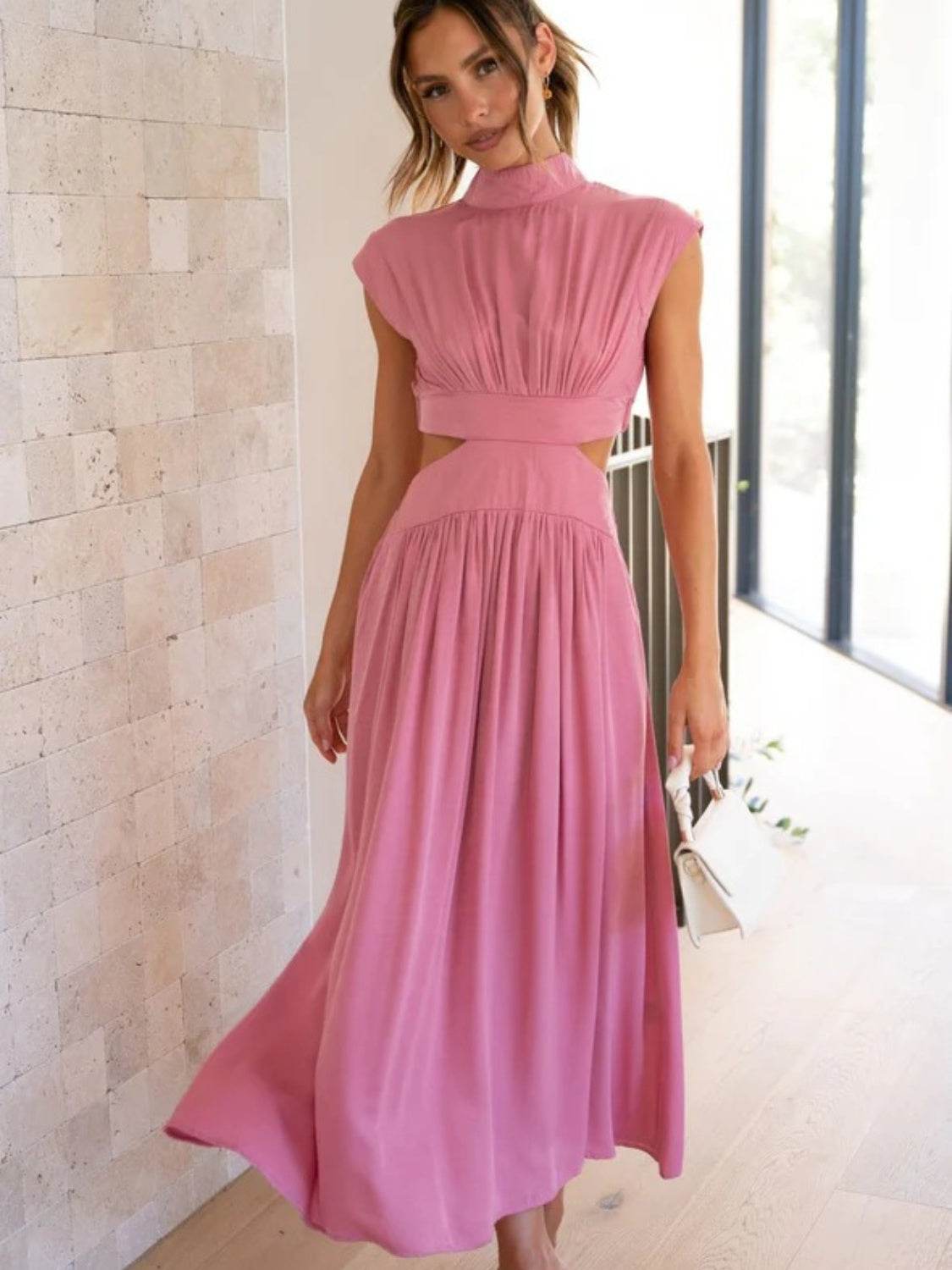 Cutout Mock Neck Sleeveless Ruched Dress - UnLaced Boutique