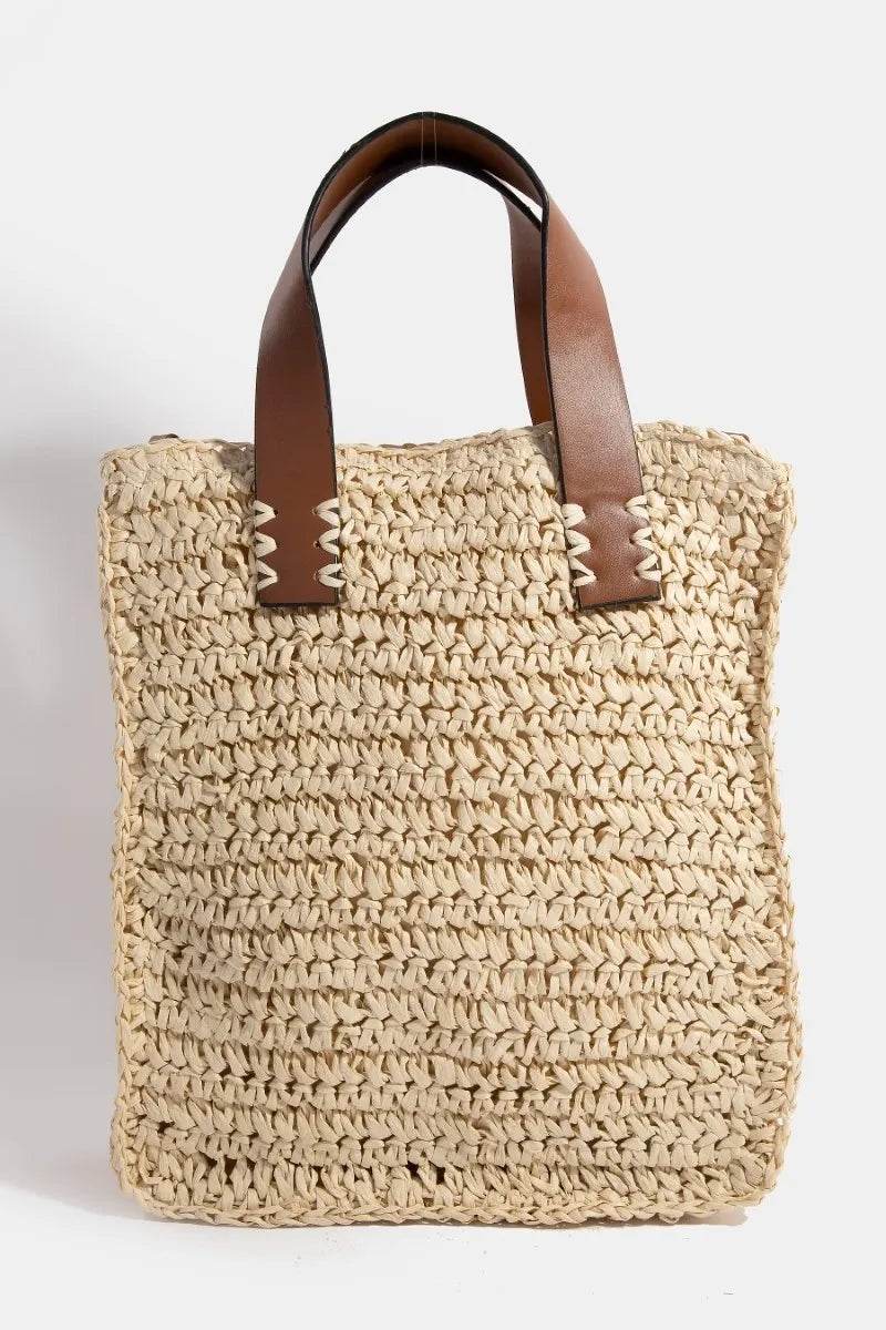 Fame Faux Leather Handle Straw Braided Handbag - UnLaced Boutique