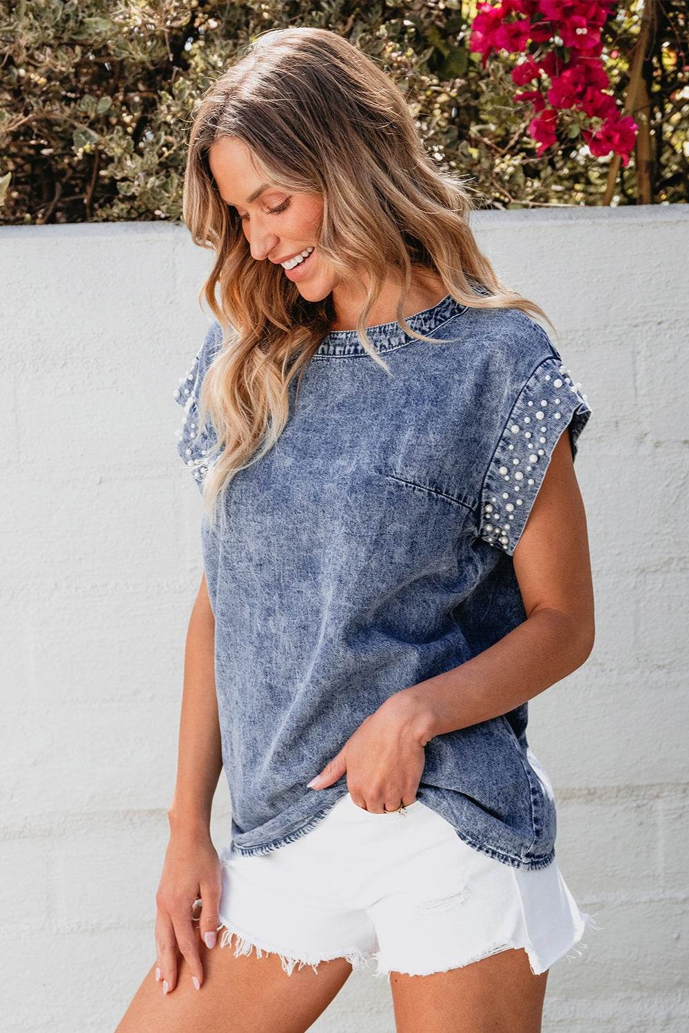Pearl Trim Round Neck Cap Sleeve Denim Top - UnLaced Boutique