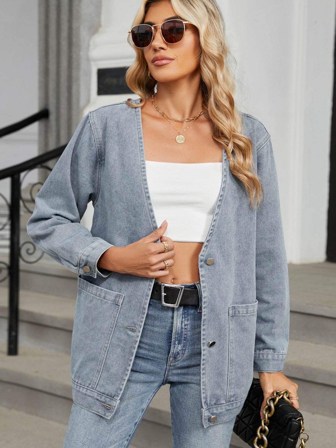 Pocketed V-Neck Button Up Denim Jacket - UnLaced Boutique