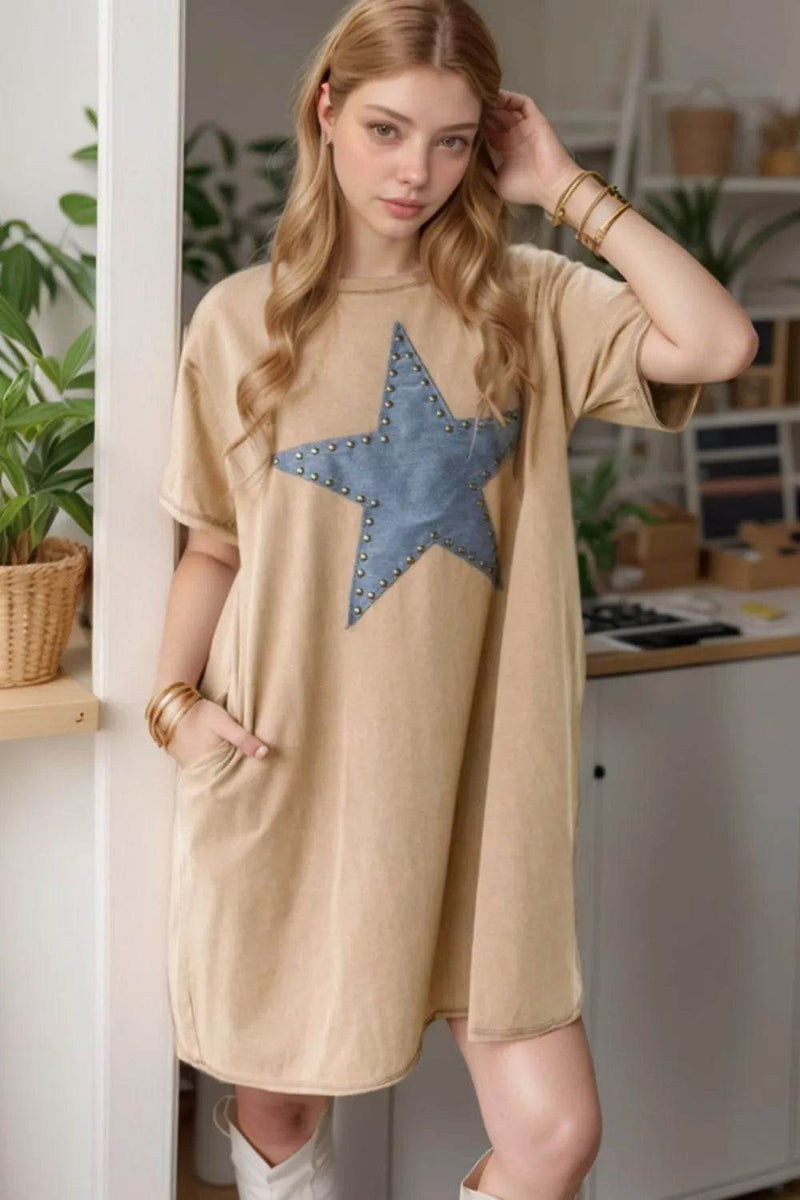 Mineral Wash Stud Beaded Star Pocketed T Shirt Dress - UnLaced Boutique