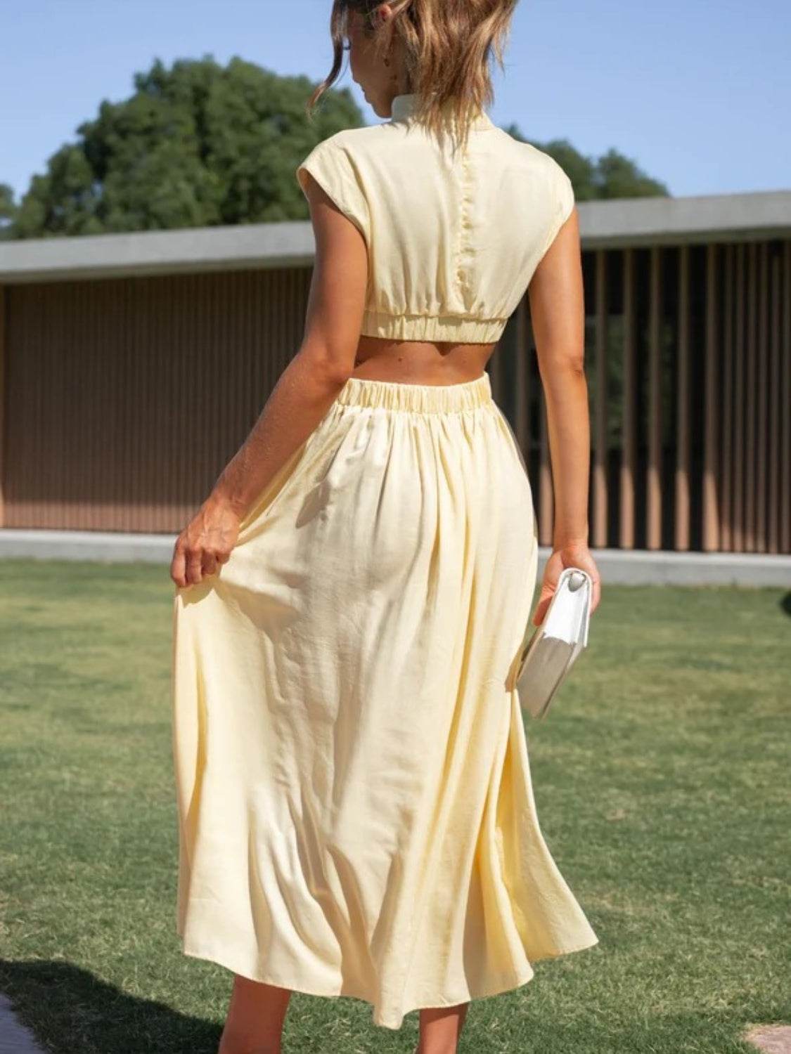 Cutout Mock Neck Sleeveless Ruched Dress - UnLaced Boutique