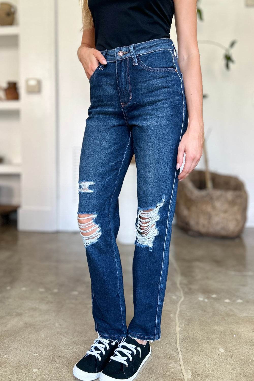 Judy Blue Full Size High Waist Rigid Magic Heavy Destroy Straight Jeans - UnLaced Boutique