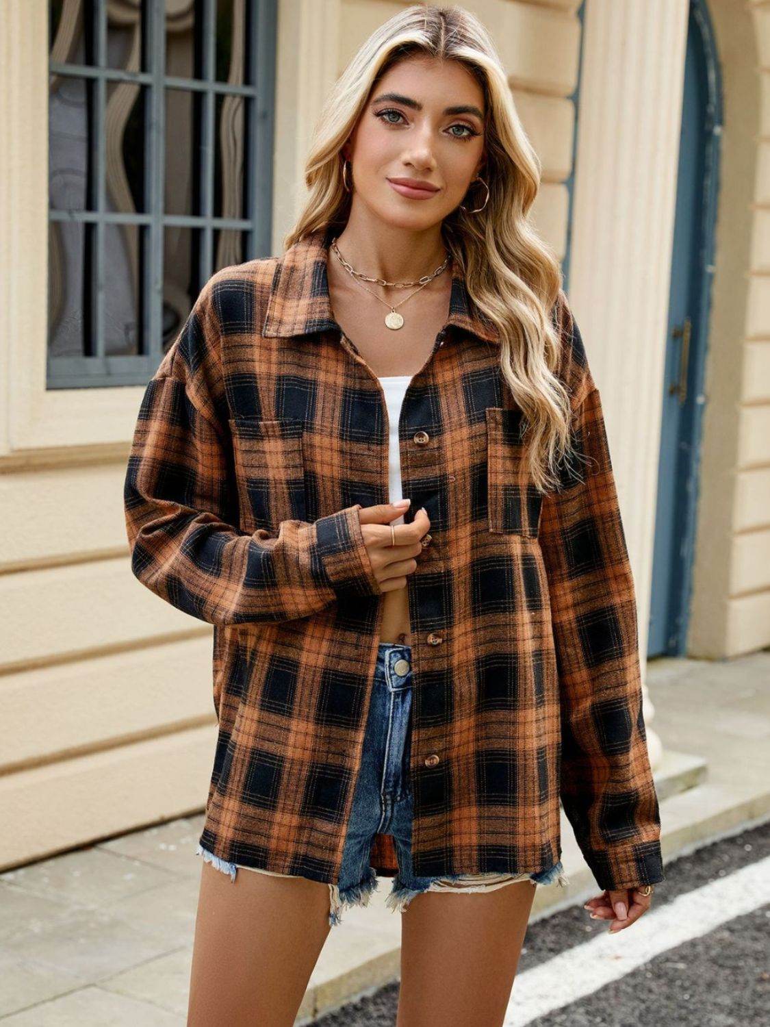 Plaid Collared Neck Long Sleeve Shirt - UnLaced Boutique