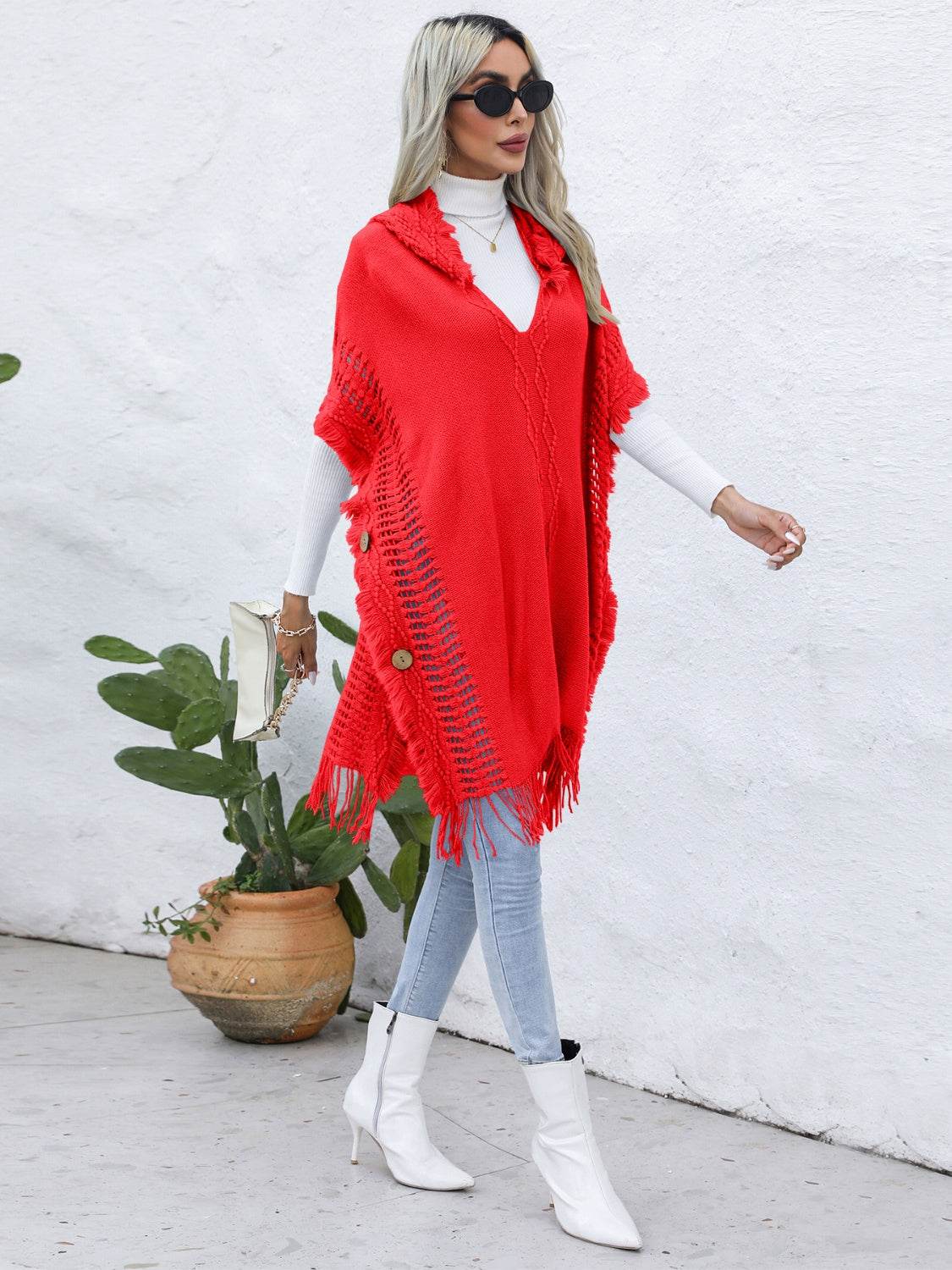 Fringe Trim Buttoned Hooded Poncho - UnLaced Boutique
