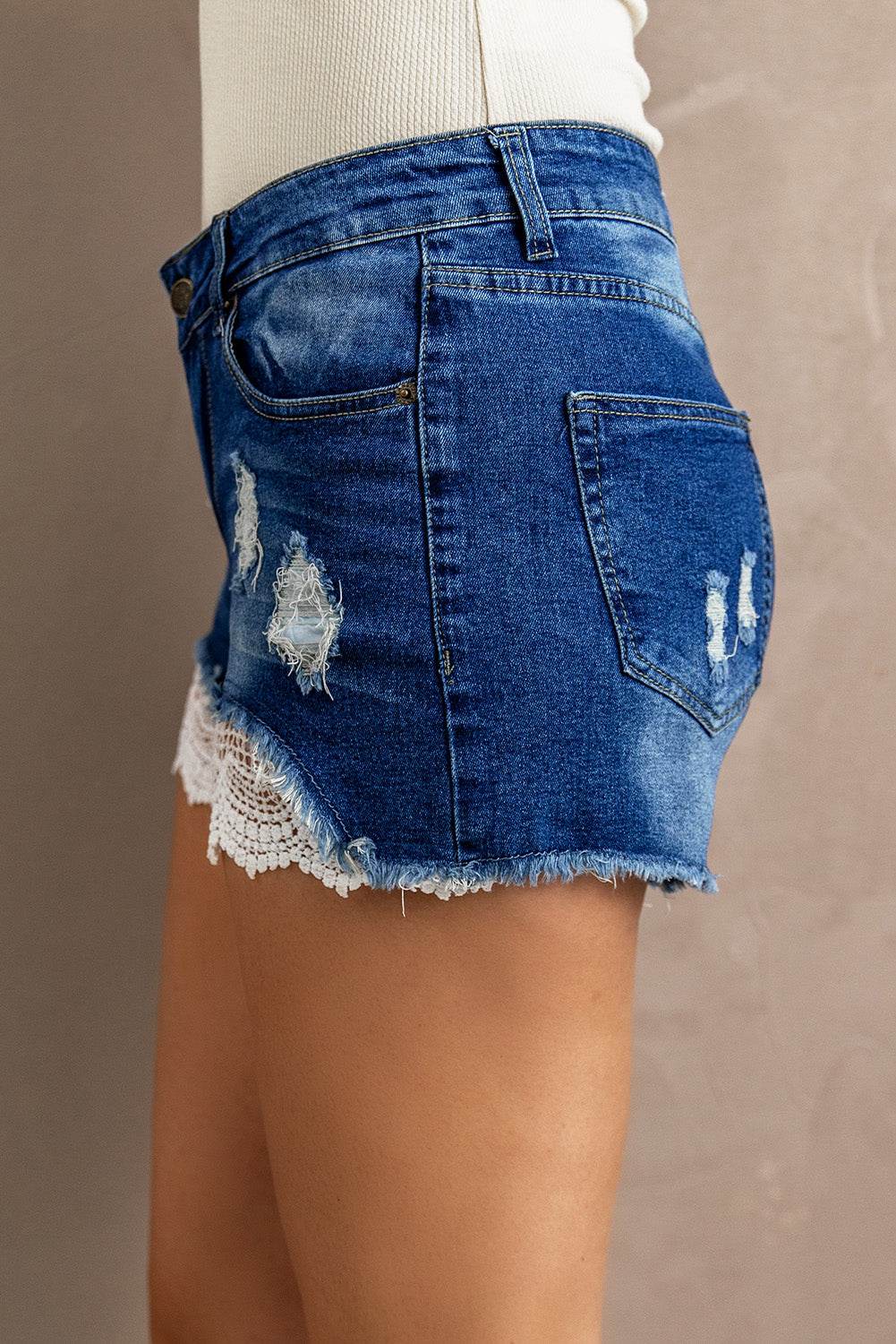 Spliced Lace Distressed Denim Shorts - UnLaced Boutique