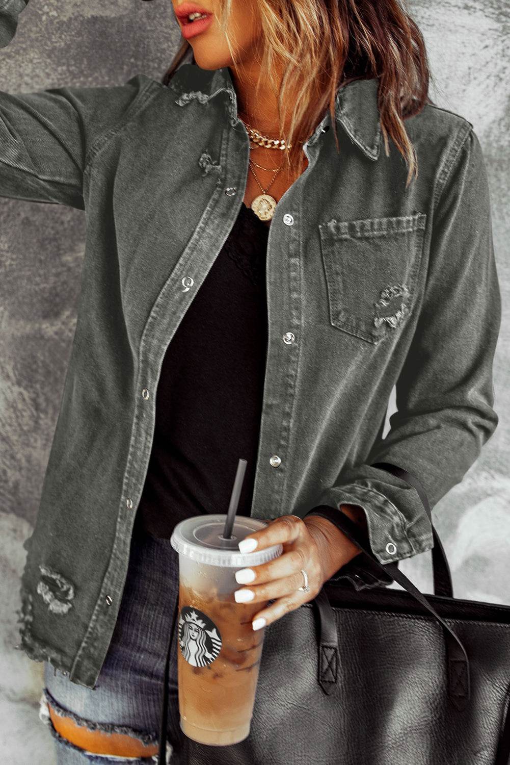 Distressed Raw Hem Snap Down Denim Jacket - UnLaced Boutique