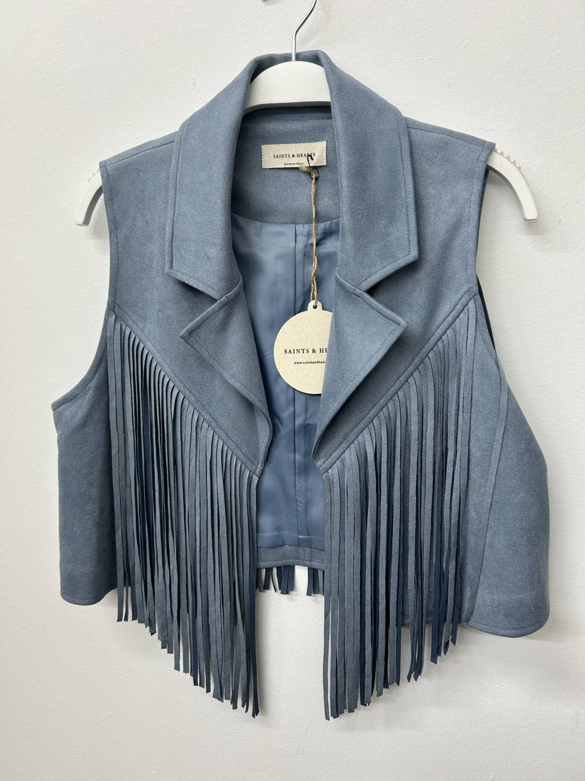 DENIM BLUE CONTRAST SUEDE FRINGE COLLARED VEST - UnLaced Boutique