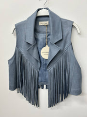 DENIM BLUE CONTRAST SUEDE FRINGE COLLARED VEST - UnLaced Boutique