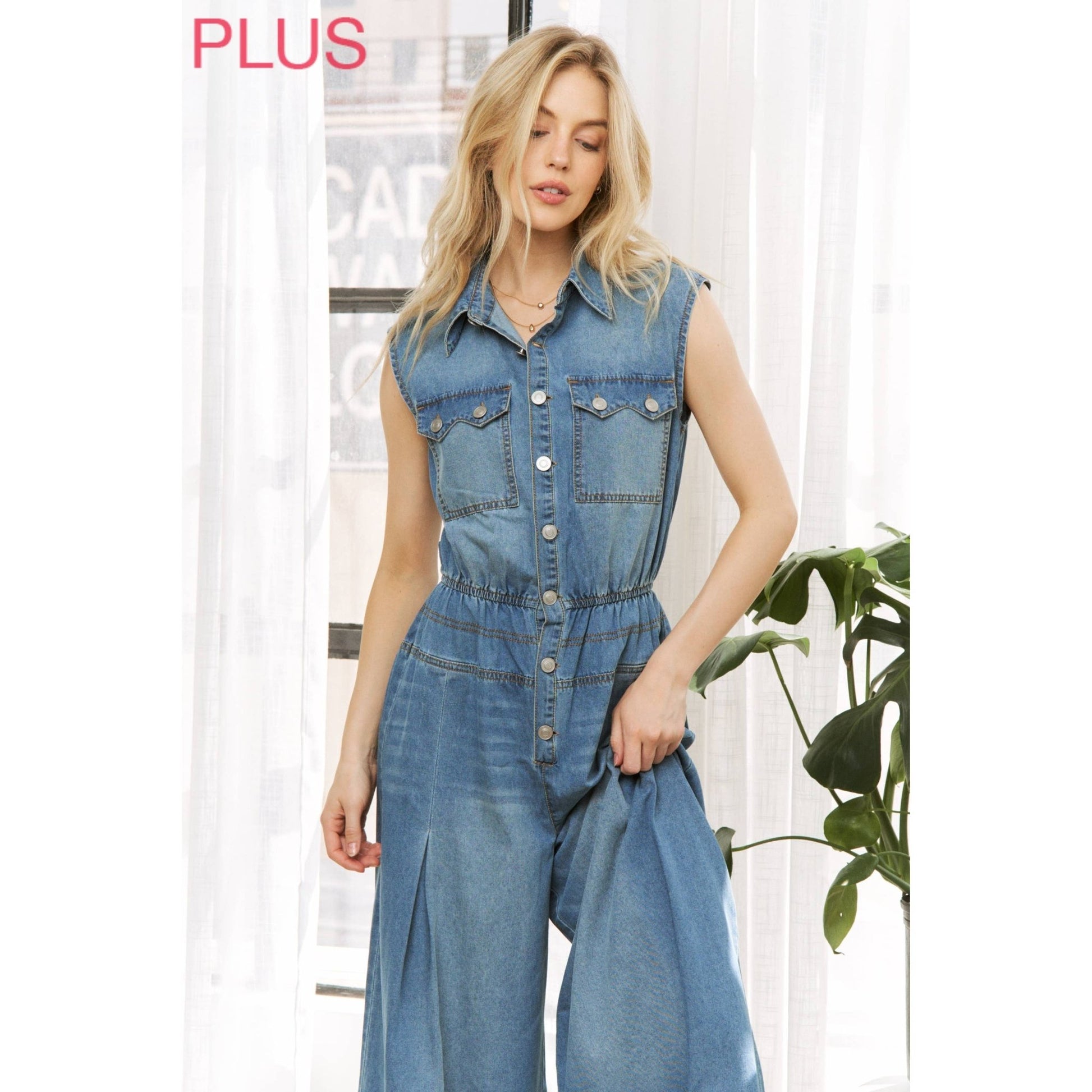 DENIM EVERYDAY SLEEVELESS SHIRT JUMPSUIT - UnLaced Boutique
