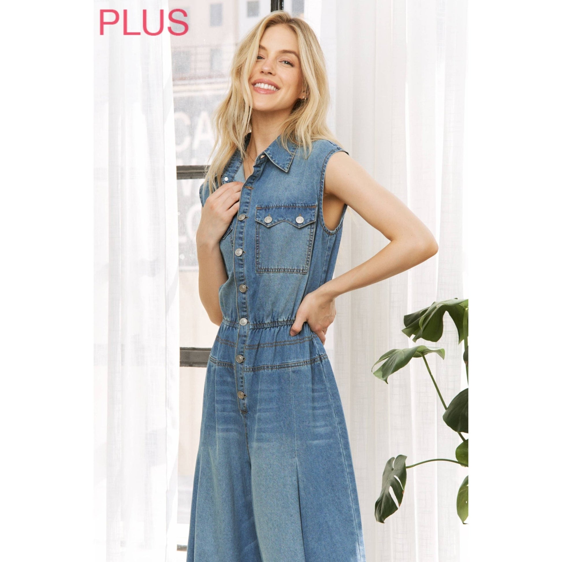 DENIM EVERYDAY SLEEVELESS SHIRT JUMPSUIT - UnLaced Boutique
