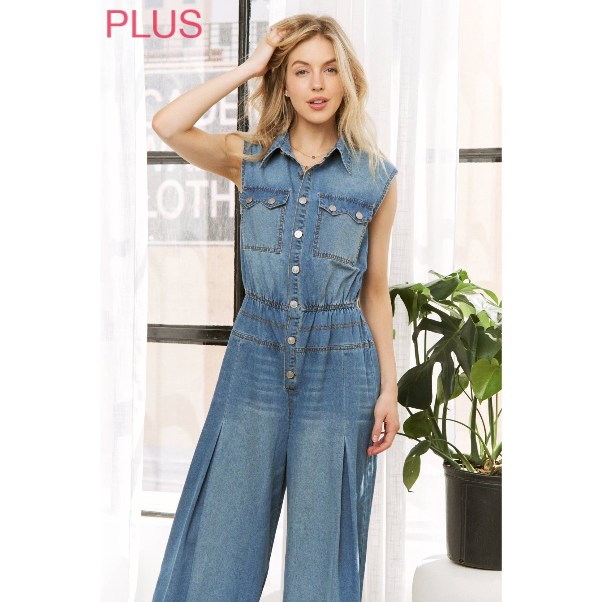 DENIM EVERYDAY SLEEVELESS SHIRT JUMPSUIT - UnLaced Boutique